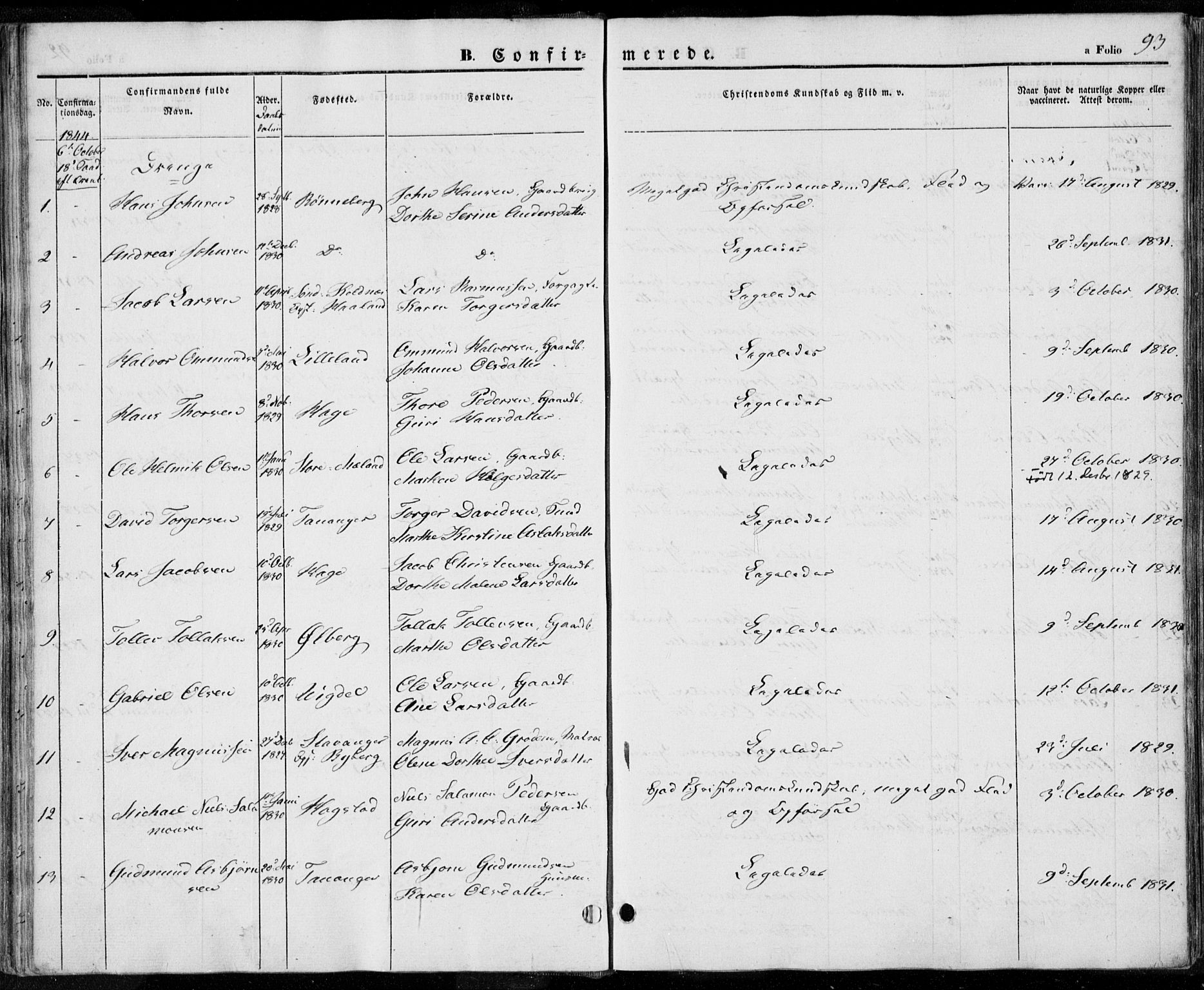 Håland sokneprestkontor, SAST/A-101802/001/30BA/L0006: Parish register (official) no. A 6, 1842-1853, p. 93