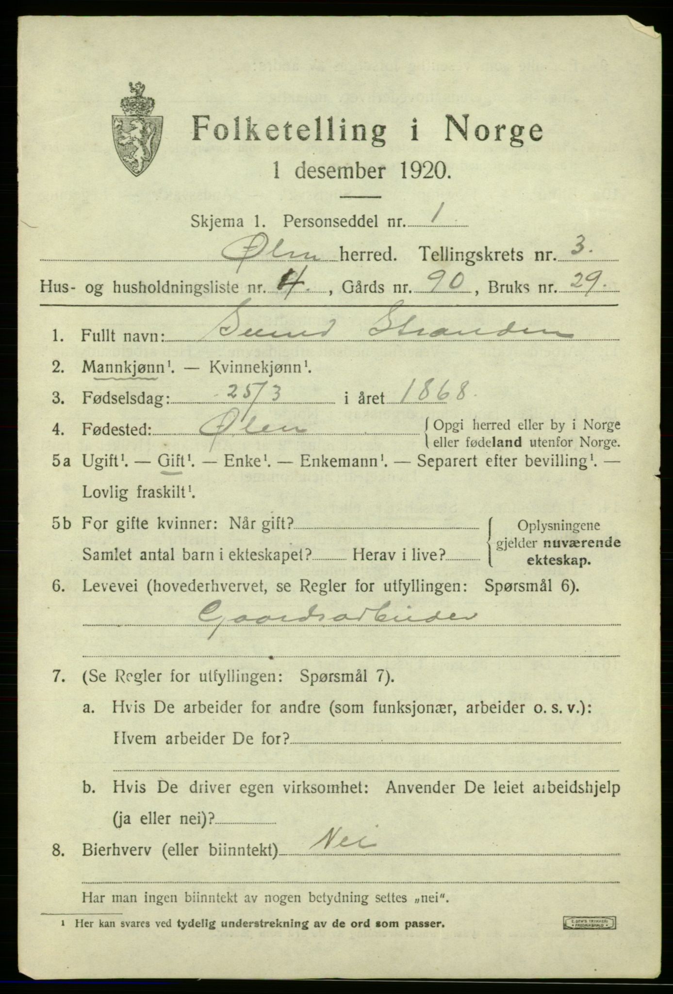 SAB, 1920 census for Ølen, 1920, p. 1565