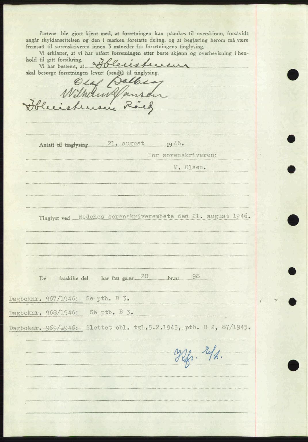 Nedenes sorenskriveri, AV/SAK-1221-0006/G/Gb/Gba/L0055: Mortgage book no. A7, 1946-1946, Diary no: : 966/1946