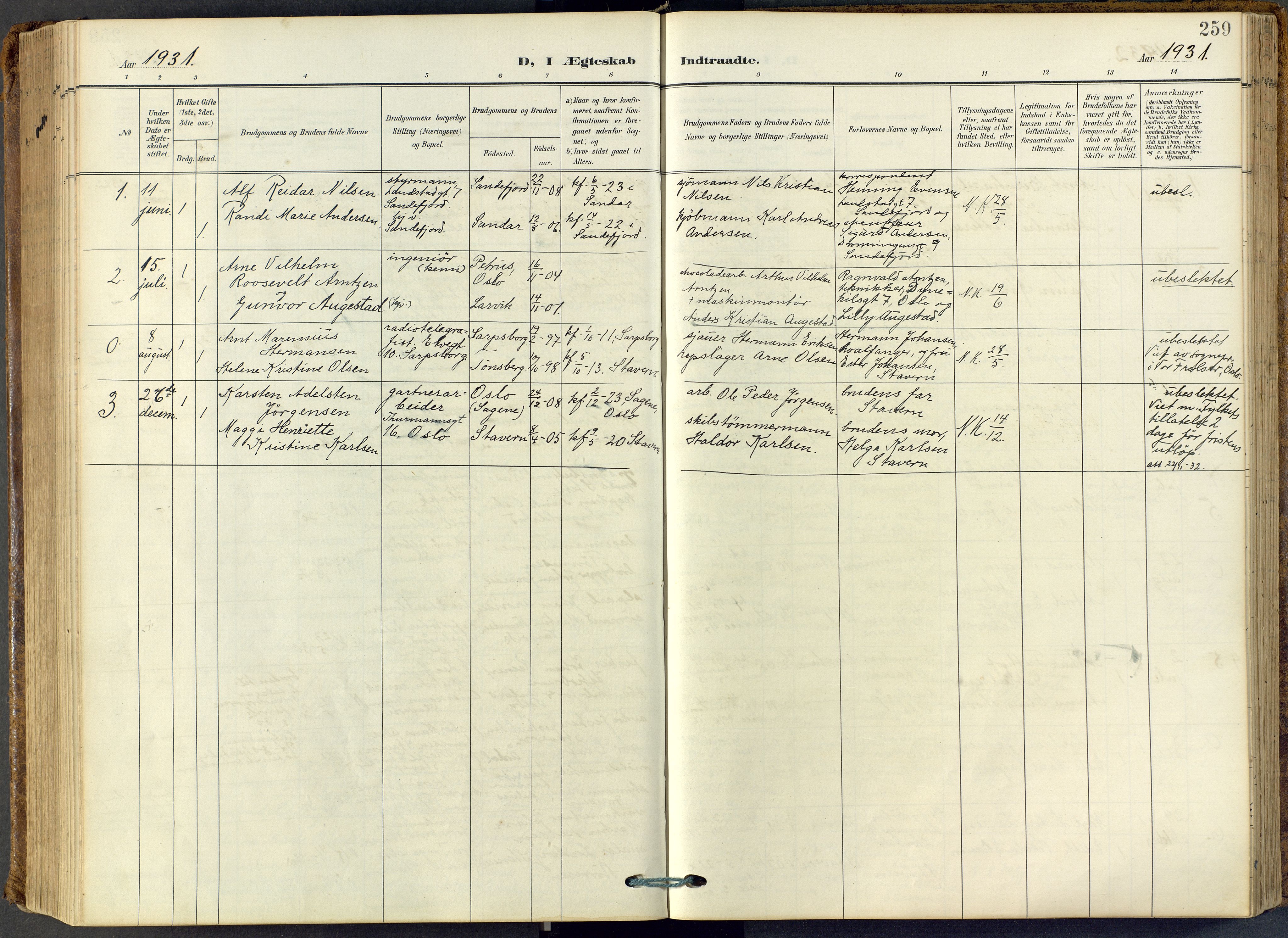 Stavern kirkebøker, SAKO/A-318/F/Fa/L0009: Parish register (official) no. 9, 1906-1955, p. 259