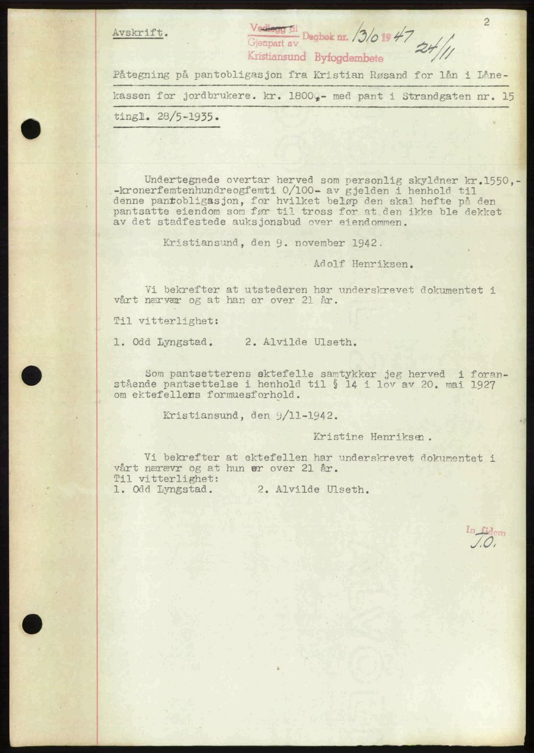 Kristiansund byfogd, AV/SAT-A-4587/A/27: Mortgage book no. 44, 1947-1948, Diary no: : 1310/1947