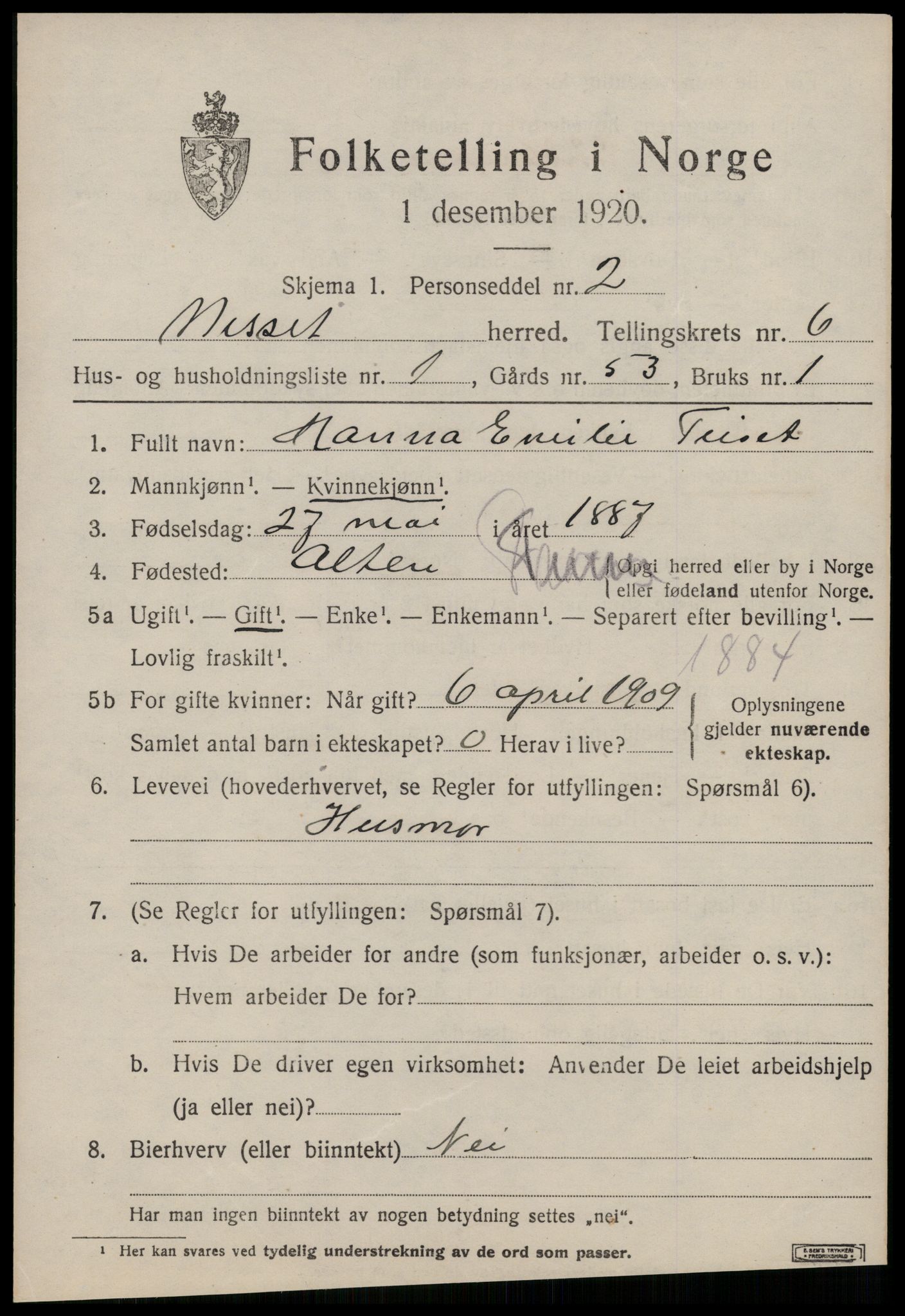 SAT, 1920 census for Nesset, 1920, p. 2804