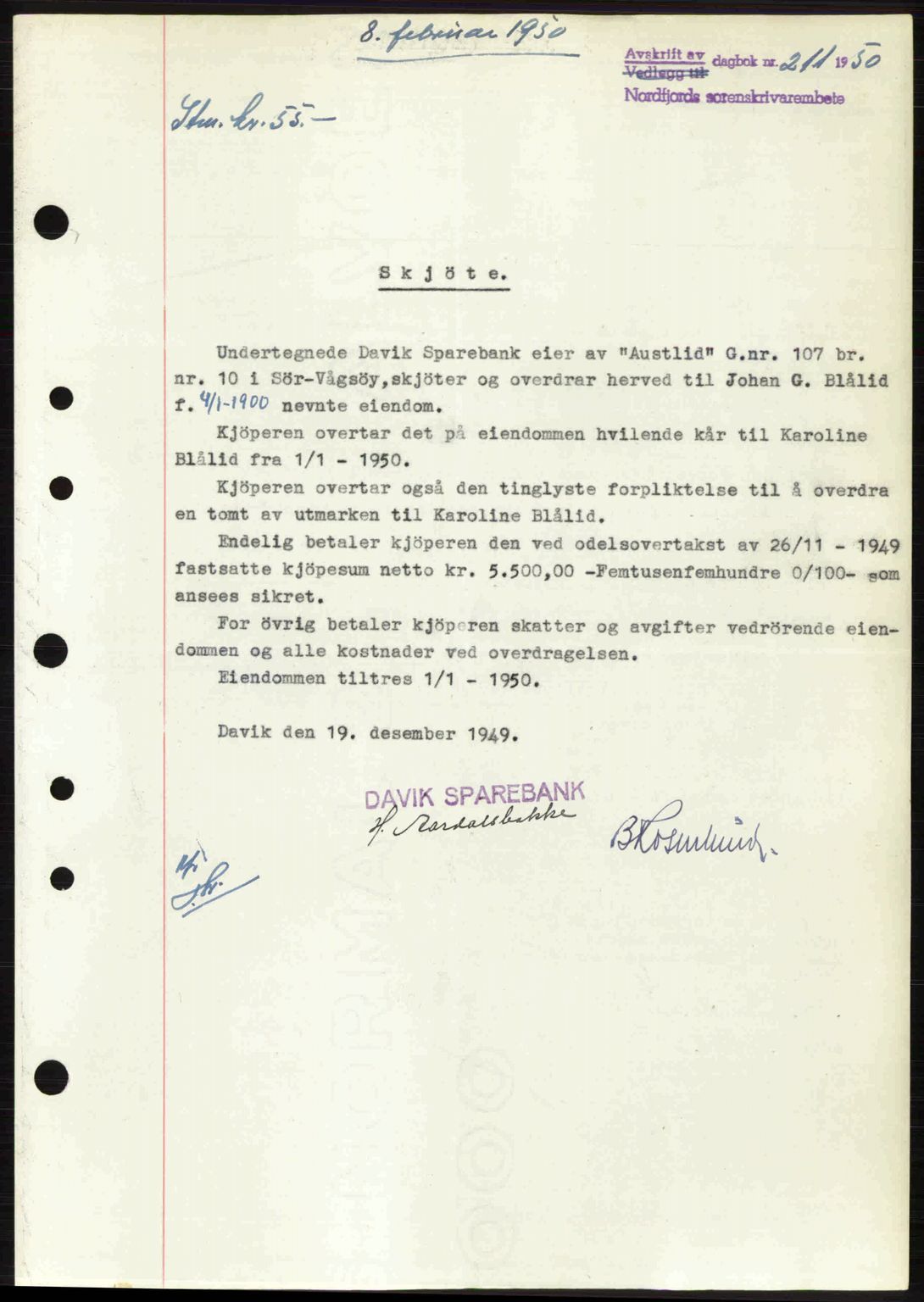 Nordfjord sorenskriveri, SAB/A-2801/02/02b/02bj/L0016a: Mortgage book no. A16 I, 1949-1950, Diary no: : 211/1950