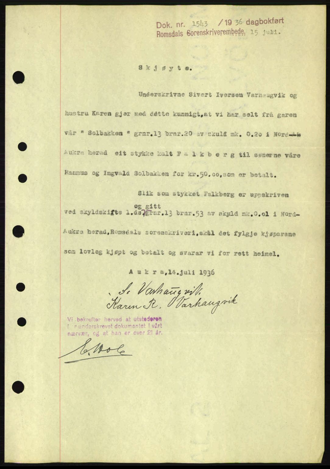 Romsdal sorenskriveri, AV/SAT-A-4149/1/2/2C: Mortgage book no. A1, 1936-1936, Diary no: : 1543/1936