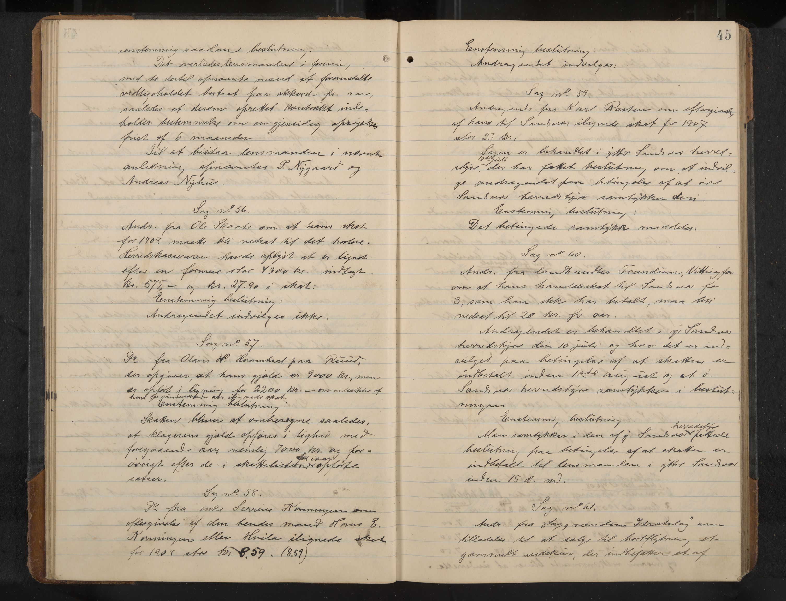 Øvre Sandsvær formannskap og sentraladministrasjon, IKAK/0630021/A/L0001: Møtebok med register, 1908-1913, p. 45