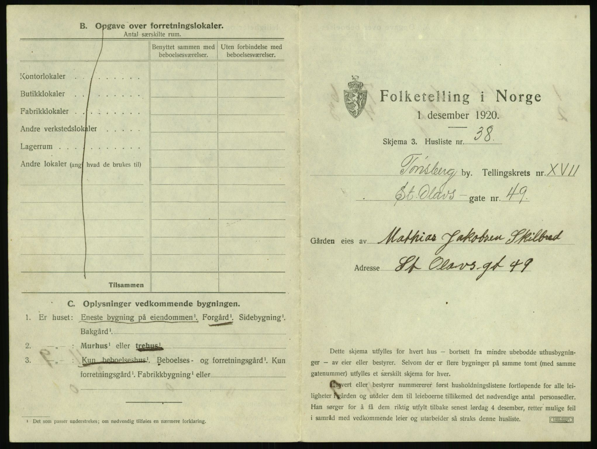 SAKO, 1920 census for Tønsberg, 1920, p. 1847