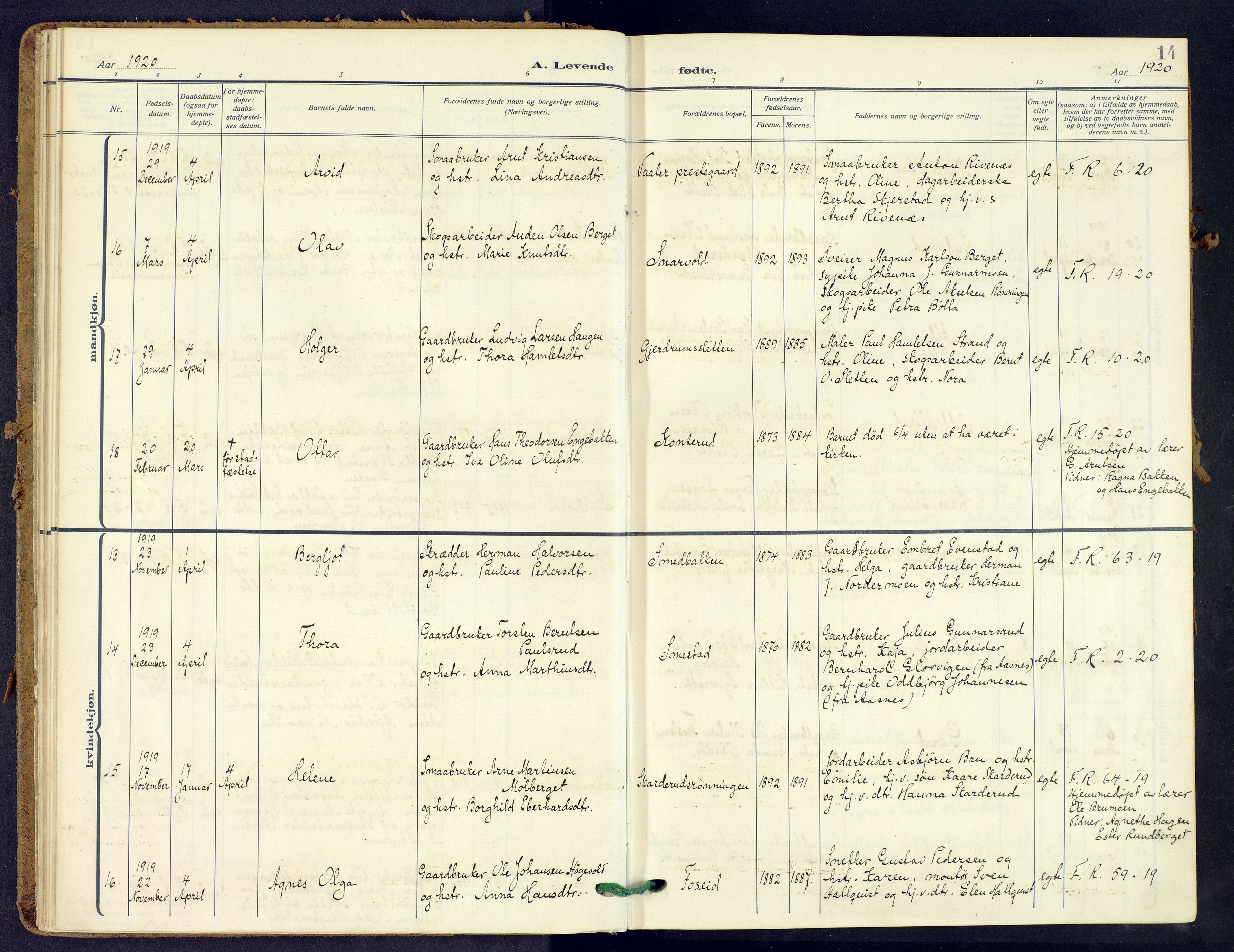 Våler prestekontor, Hedmark, AV/SAH-PREST-040/H/Ha/Haa/L0009: Parish register (official) no. 9, 1912-1940, p. 14