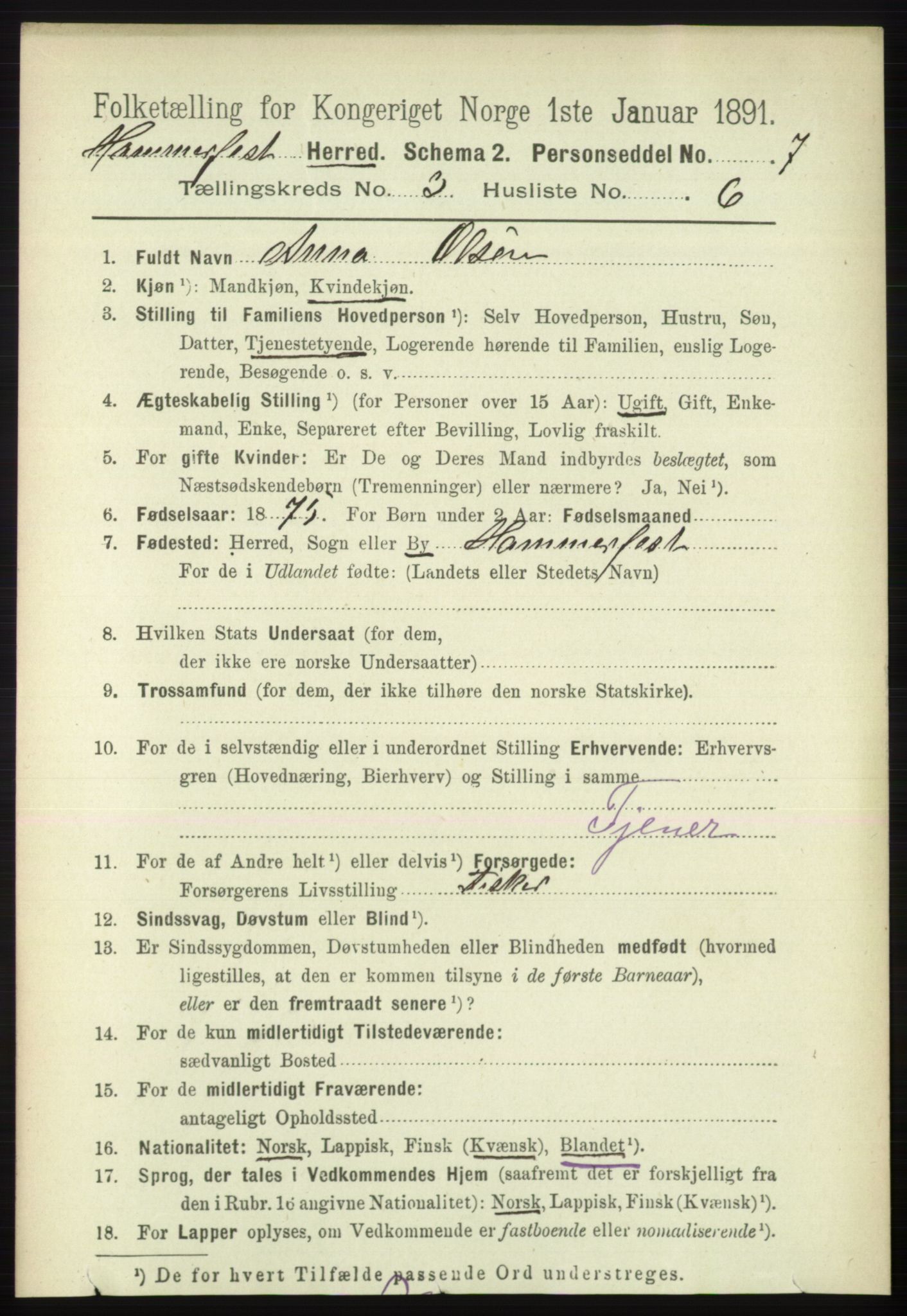 RA, 1891 census for 2016 Hammerfest, 1891, p. 1044