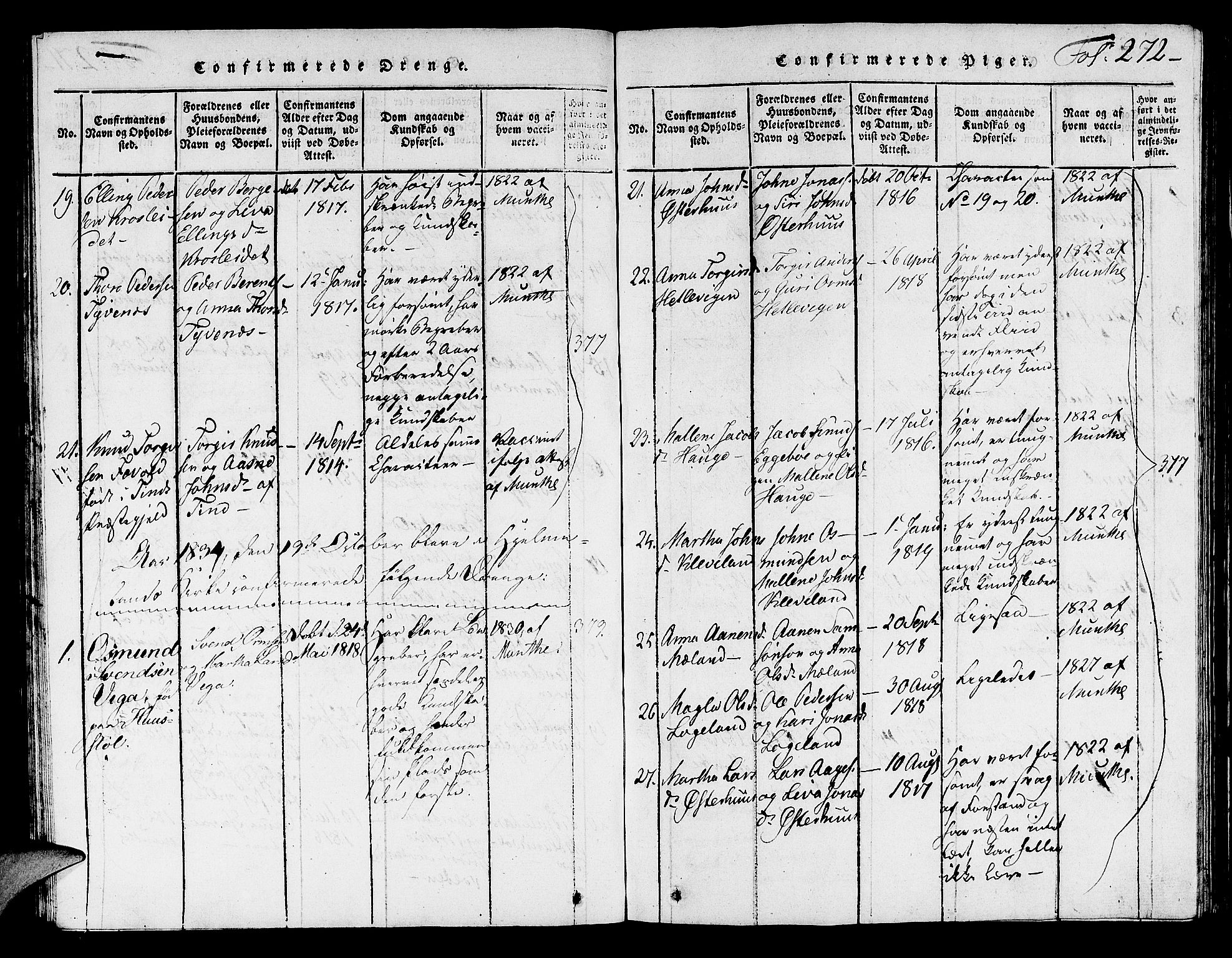 Hjelmeland sokneprestkontor, SAST/A-101843/01/V/L0001: Parish register (copy) no. B 1, 1816-1841, p. 272