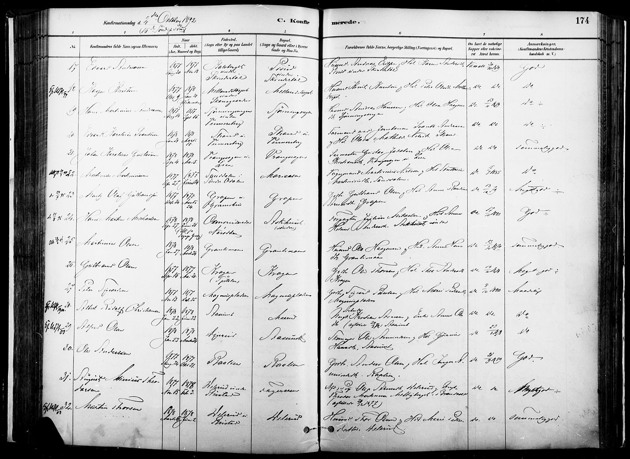 Vinger prestekontor, AV/SAH-PREST-024/H/Ha/Haa/L0014: Parish register (official) no. 14, 1881-1900, p. 174