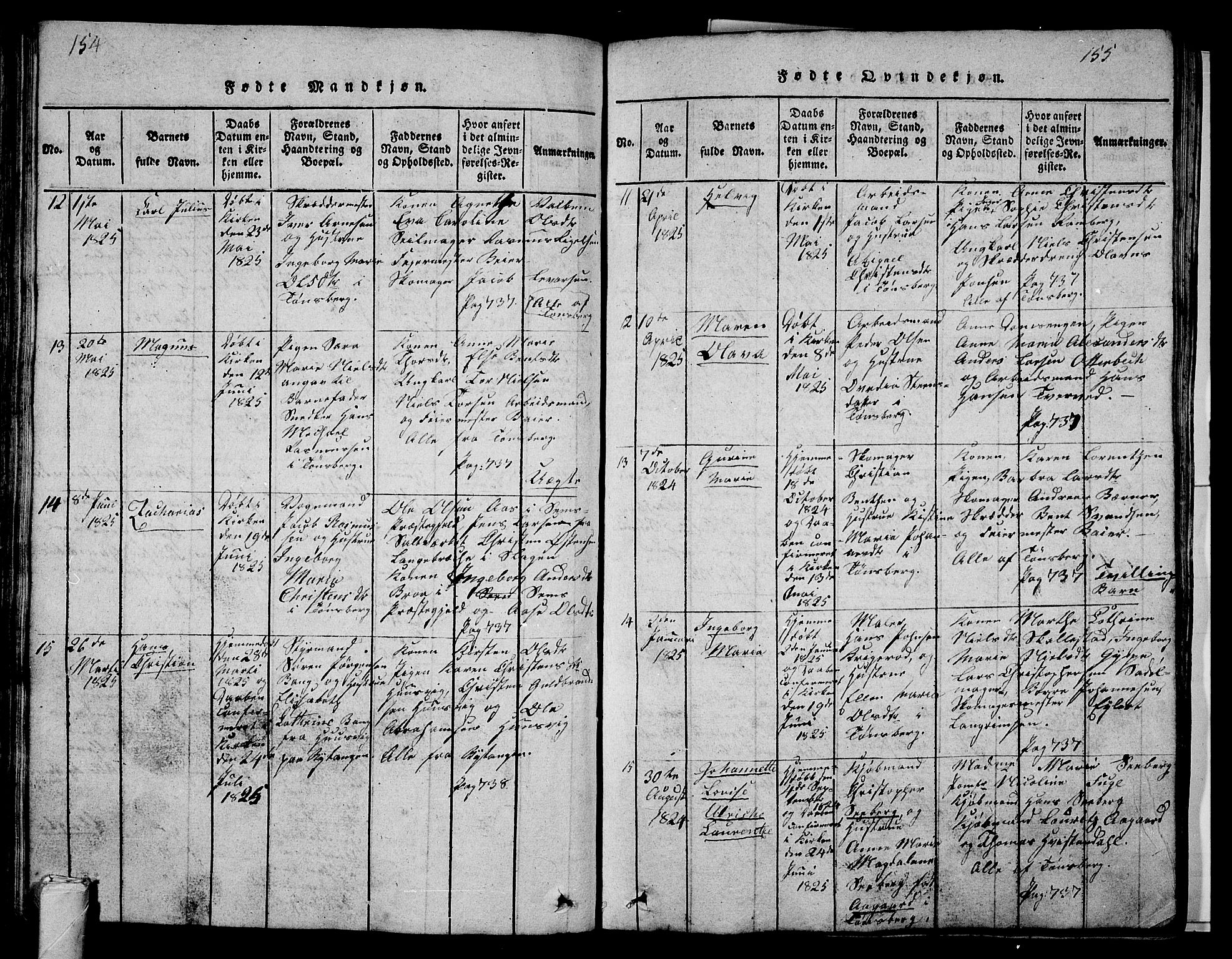 Tønsberg kirkebøker, AV/SAKO-A-330/G/Ga/L0001: Parish register (copy) no. 1, 1813-1826, p. 154-155