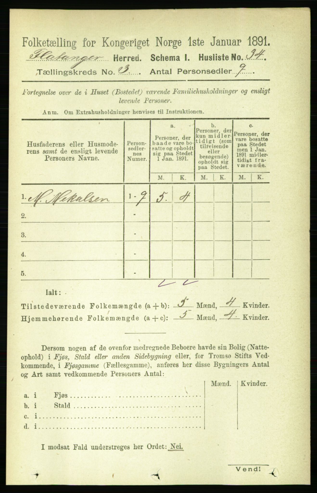 RA, 1891 census for 1749 Flatanger, 1891, p. 1309