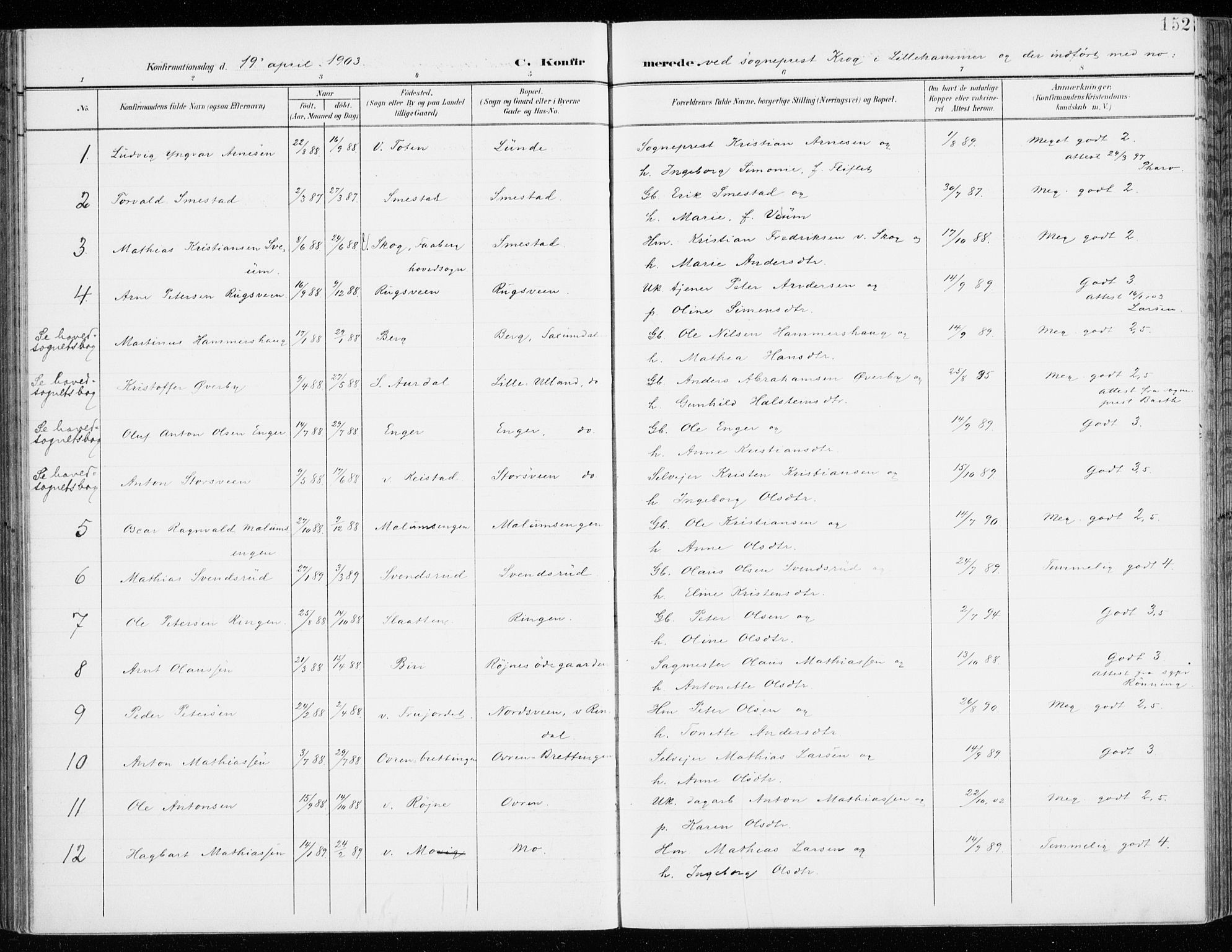 Fåberg prestekontor, AV/SAH-PREST-086/H/Ha/Haa/L0011: Parish register (official) no. 11, 1899-1913, p. 152