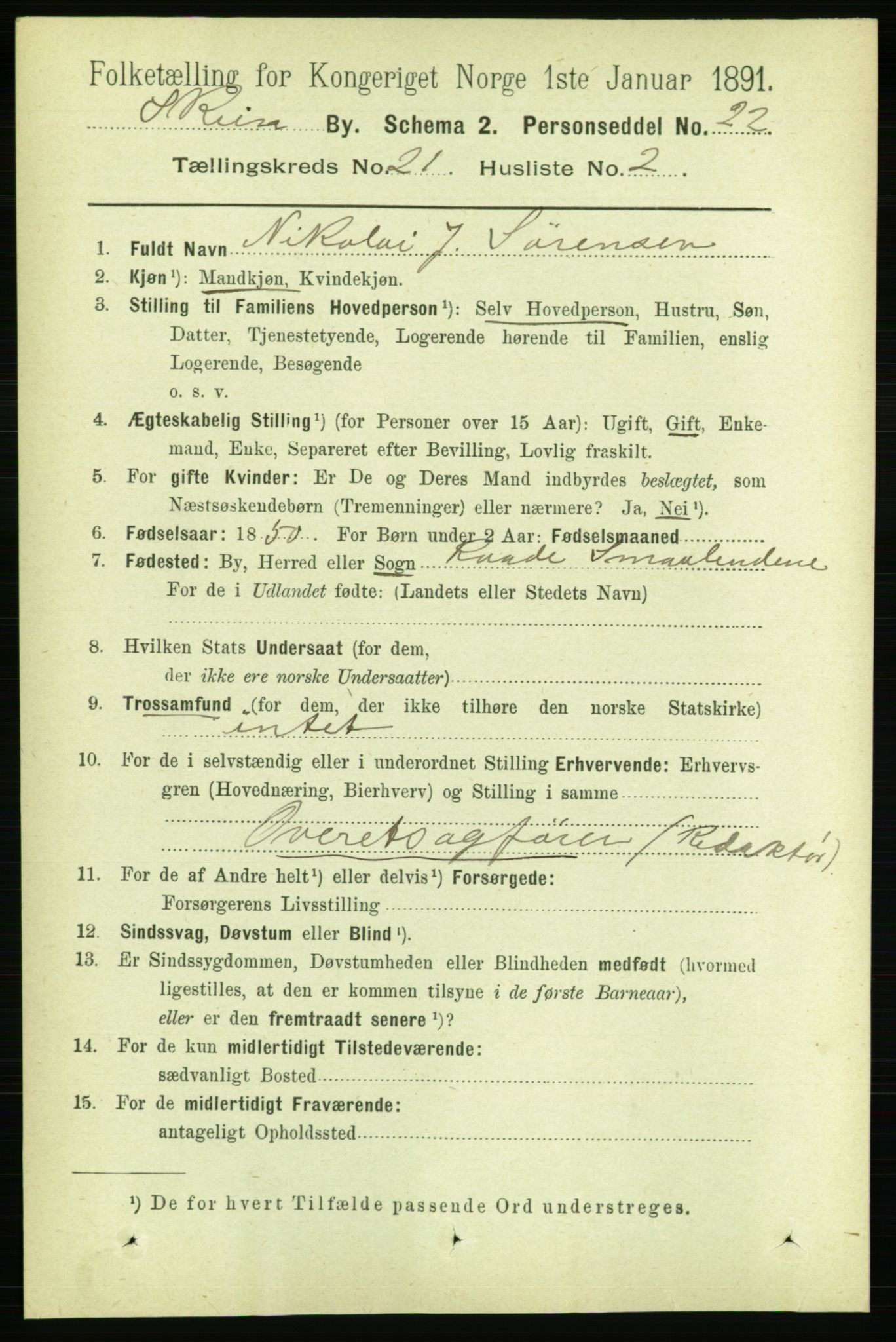 RA, 1891 census for 0806 Skien, 1891, p. 5450