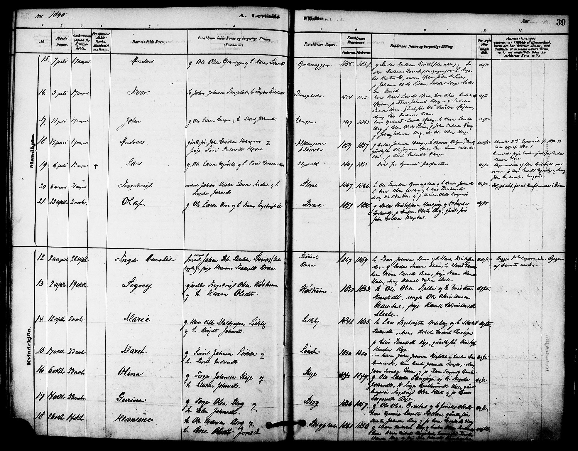 Ministerialprotokoller, klokkerbøker og fødselsregistre - Sør-Trøndelag, SAT/A-1456/612/L0378: Parish register (official) no. 612A10, 1878-1897, p. 39