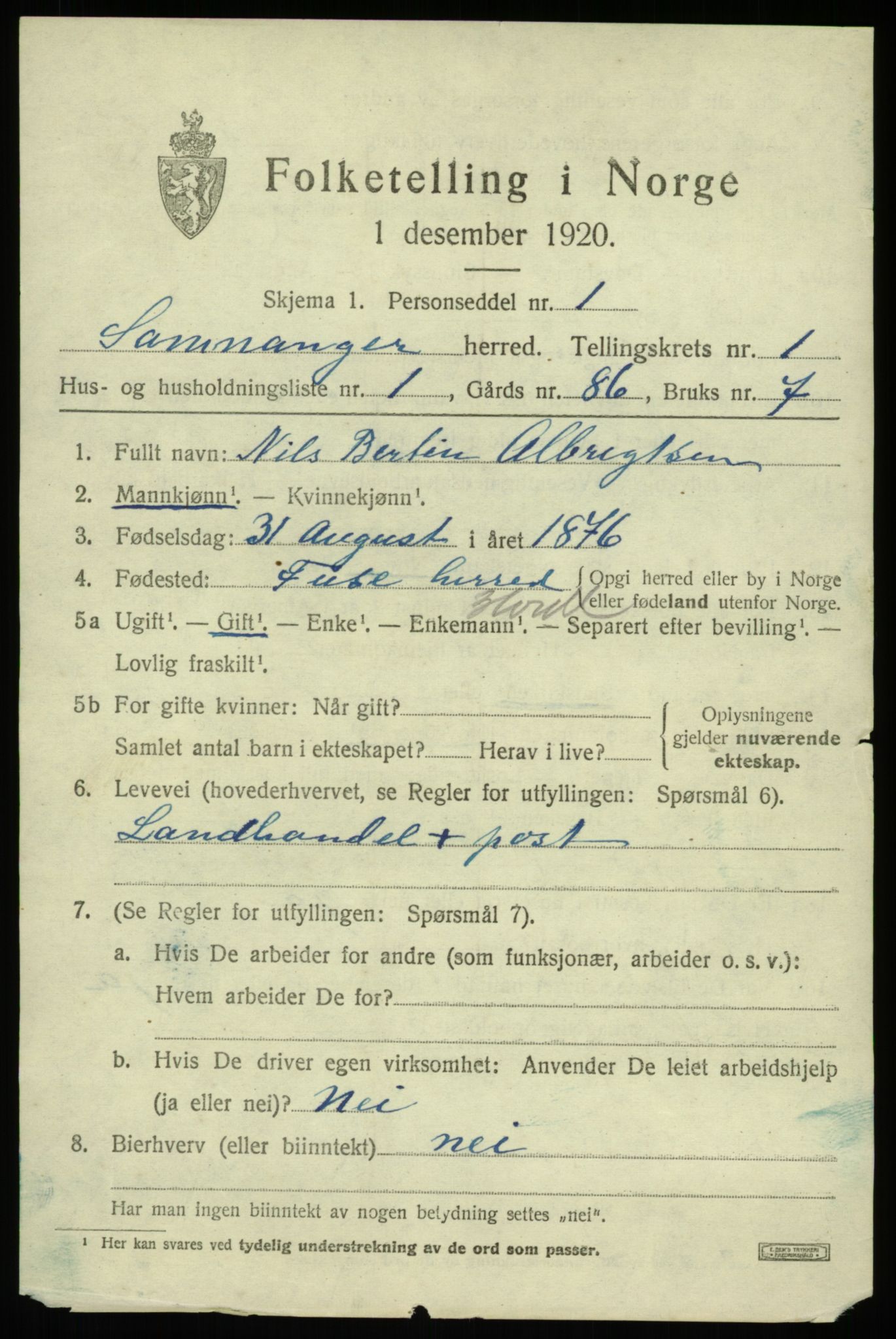 SAB, 1920 census for Samnanger, 1920, p. 853