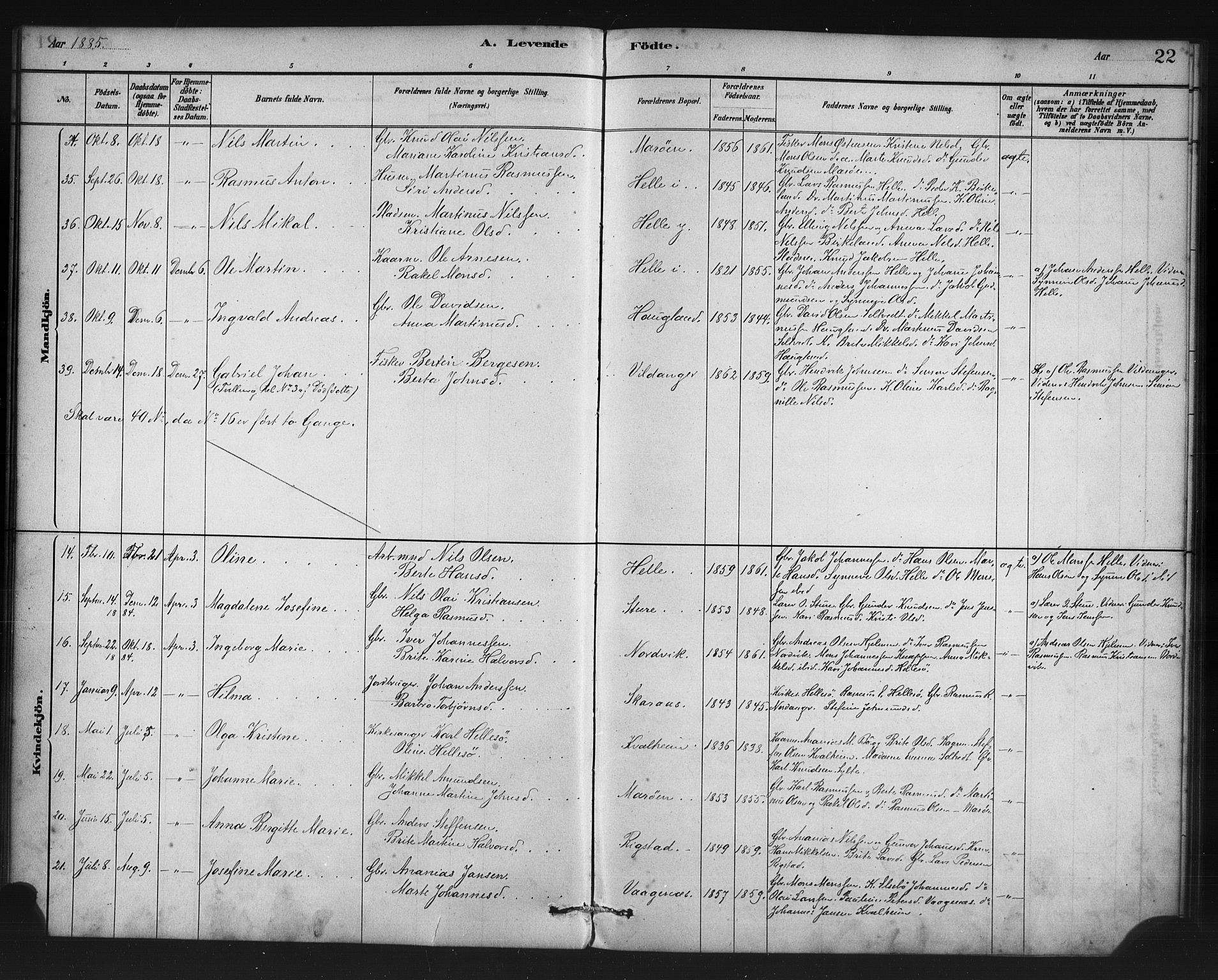 Manger sokneprestembete, AV/SAB-A-76801/H/Haa: Parish register (official) no. C 1, 1881-1890, p. 22