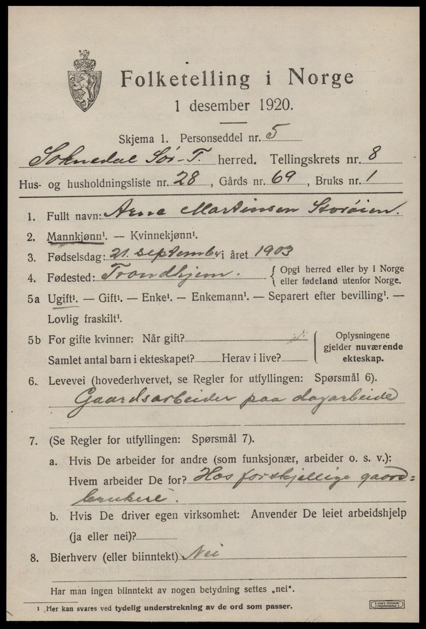 SAT, 1920 census for Soknedal, 1920, p. 4376