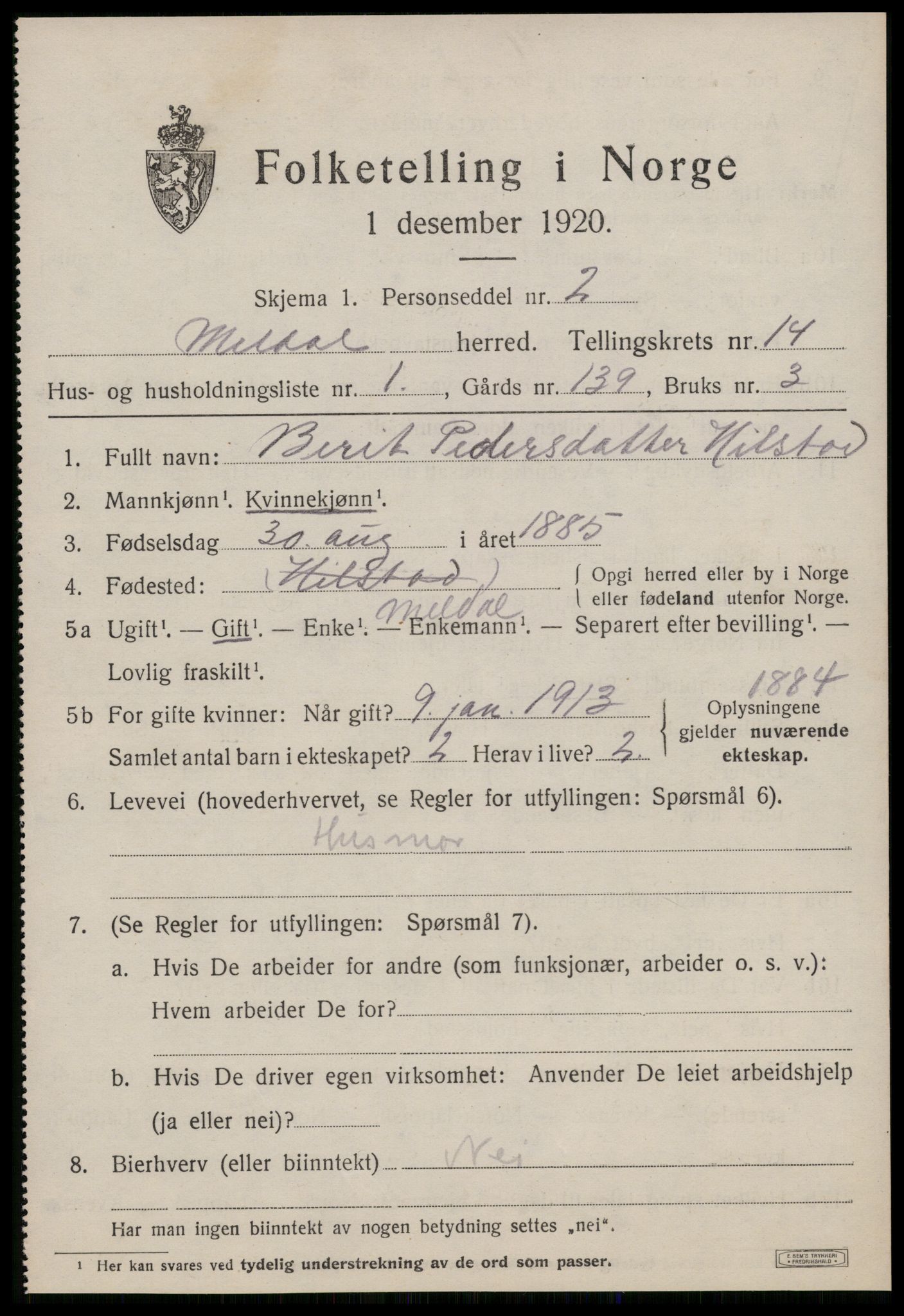 SAT, 1920 census for Meldal, 1920, p. 10001