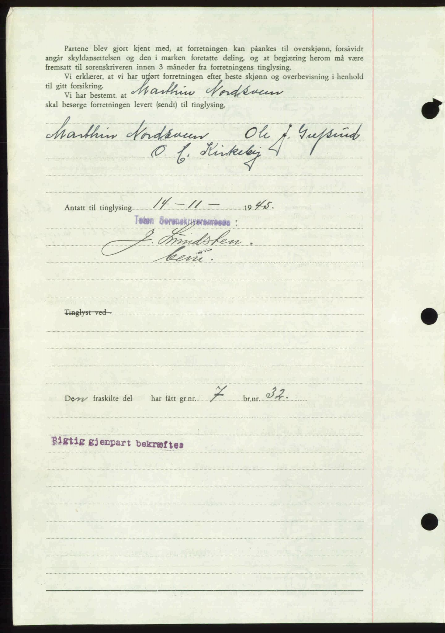 Toten tingrett, SAH/TING-006/H/Hb/Hbc/L0013: Mortgage book no. Hbc-13, 1945-1945, Diary no: : 1546/1945