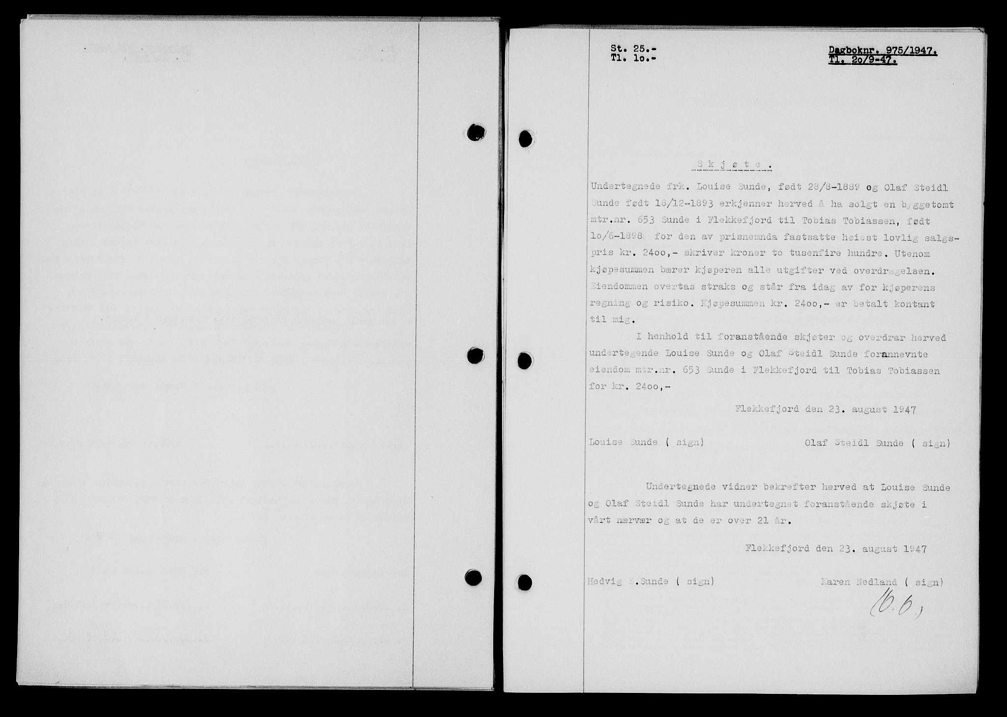 Flekkefjord sorenskriveri, SAK/1221-0001/G/Gb/Gba/L0062: Mortgage book no. A-10, 1947-1947, Diary no: : 975/1947