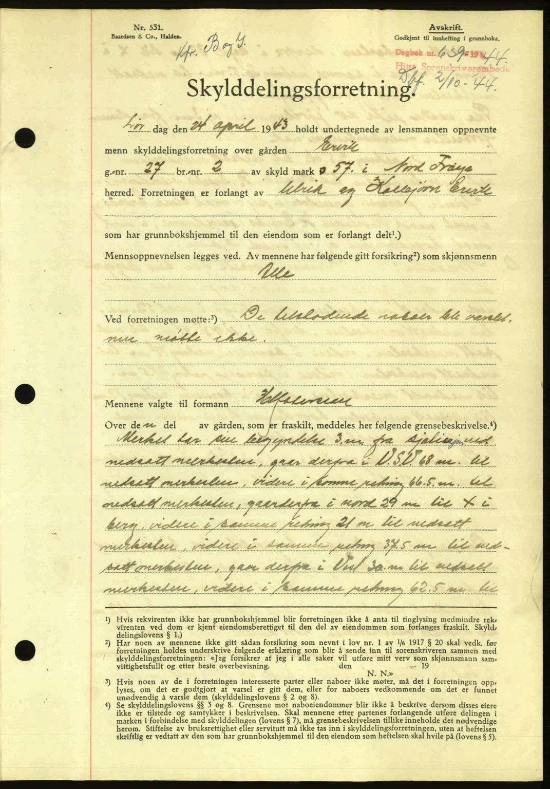 Hitra sorenskriveri, AV/SAT-A-0018/2/2C/2Ca: Mortgage book no. A2, 1943-1945, Diary no: : 639/1944