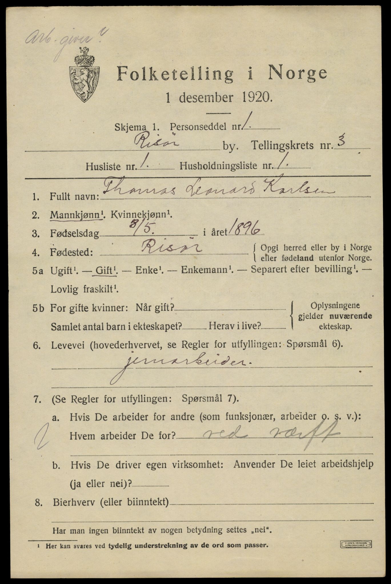 SAK, 1920 census for Risør, 1920, p. 7711