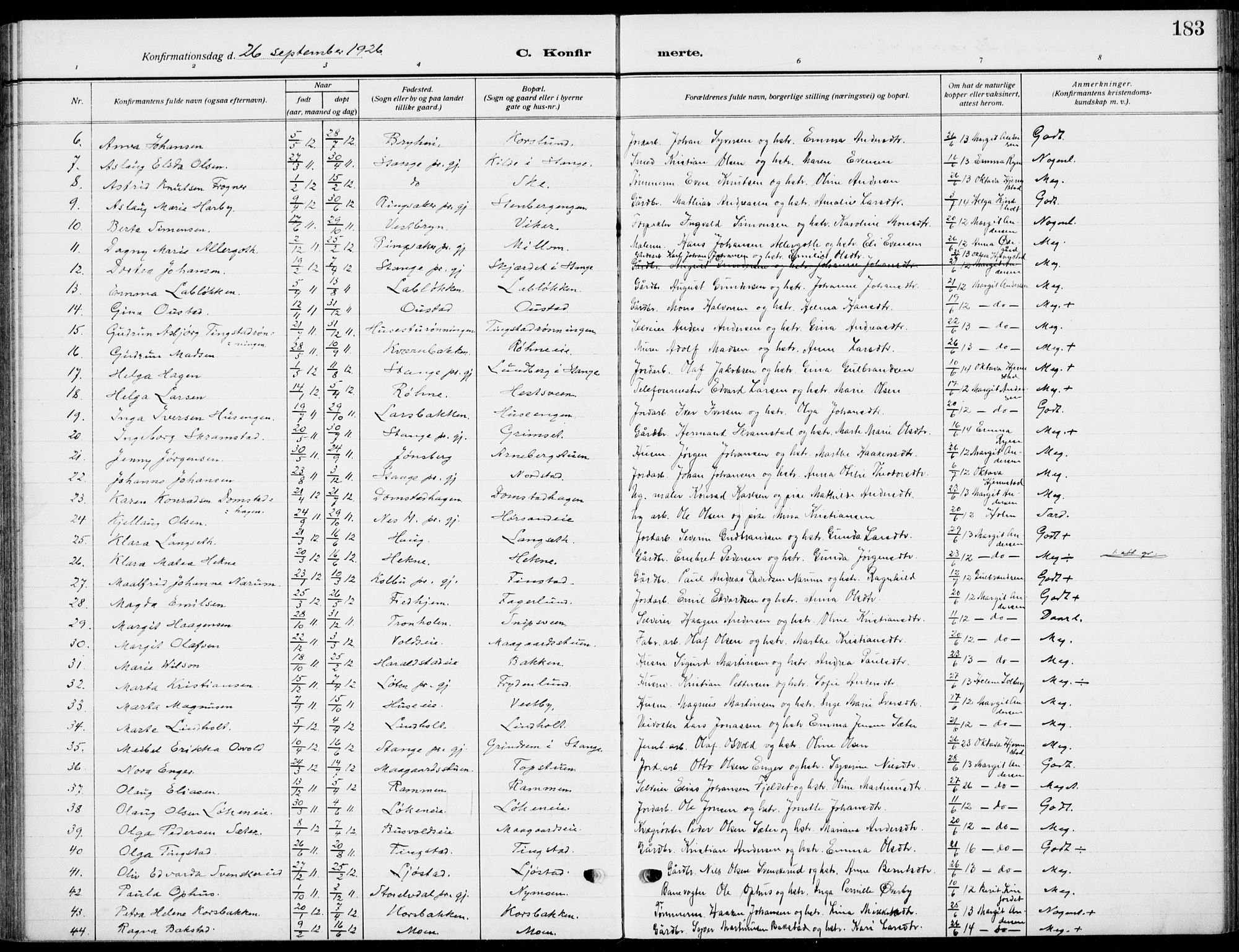 Romedal prestekontor, SAH/PREST-004/K/L0012: Parish register (official) no. 12, 1913-1935, p. 183
