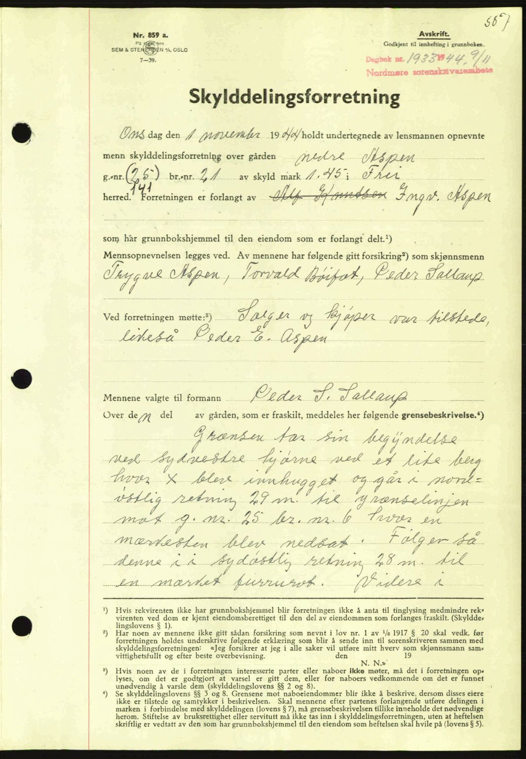 Nordmøre sorenskriveri, AV/SAT-A-4132/1/2/2Ca: Mortgage book no. A98, 1944-1944, Diary no: : 1933/1944