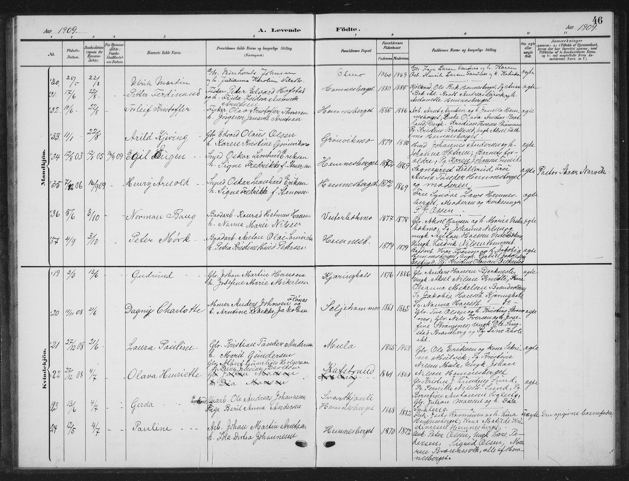 Ministerialprotokoller, klokkerbøker og fødselsregistre - Nordland, AV/SAT-A-1459/825/L0370: Parish register (copy) no. 825C07, 1903-1923, p. 46