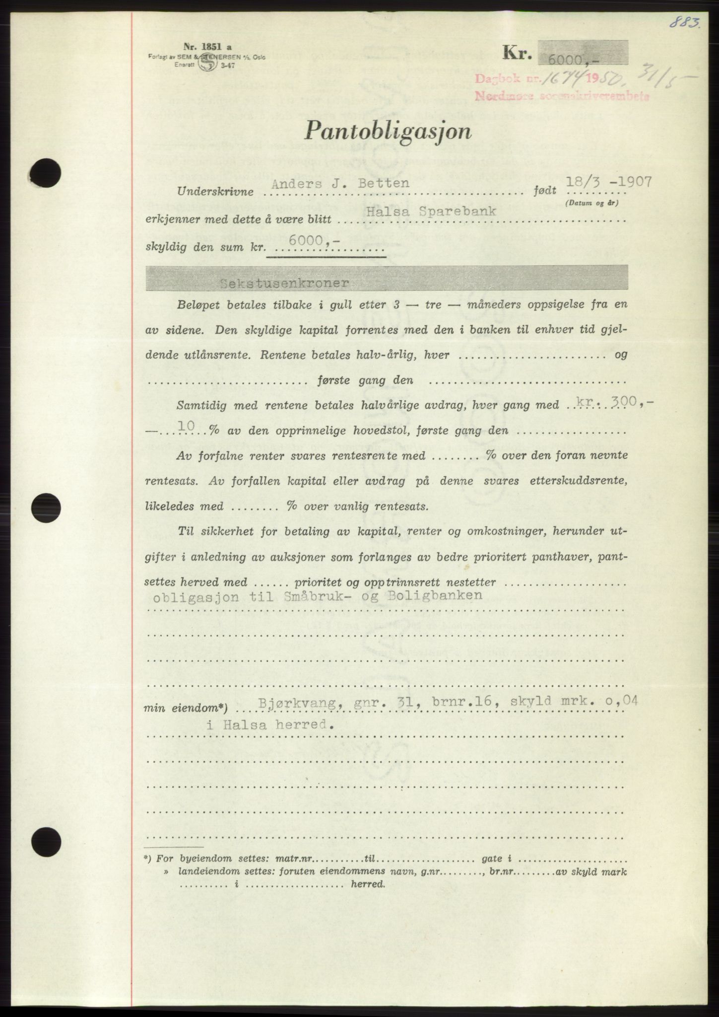 Nordmøre sorenskriveri, AV/SAT-A-4132/1/2/2Ca: Mortgage book no. B104, 1950-1950, Diary no: : 1674/1950