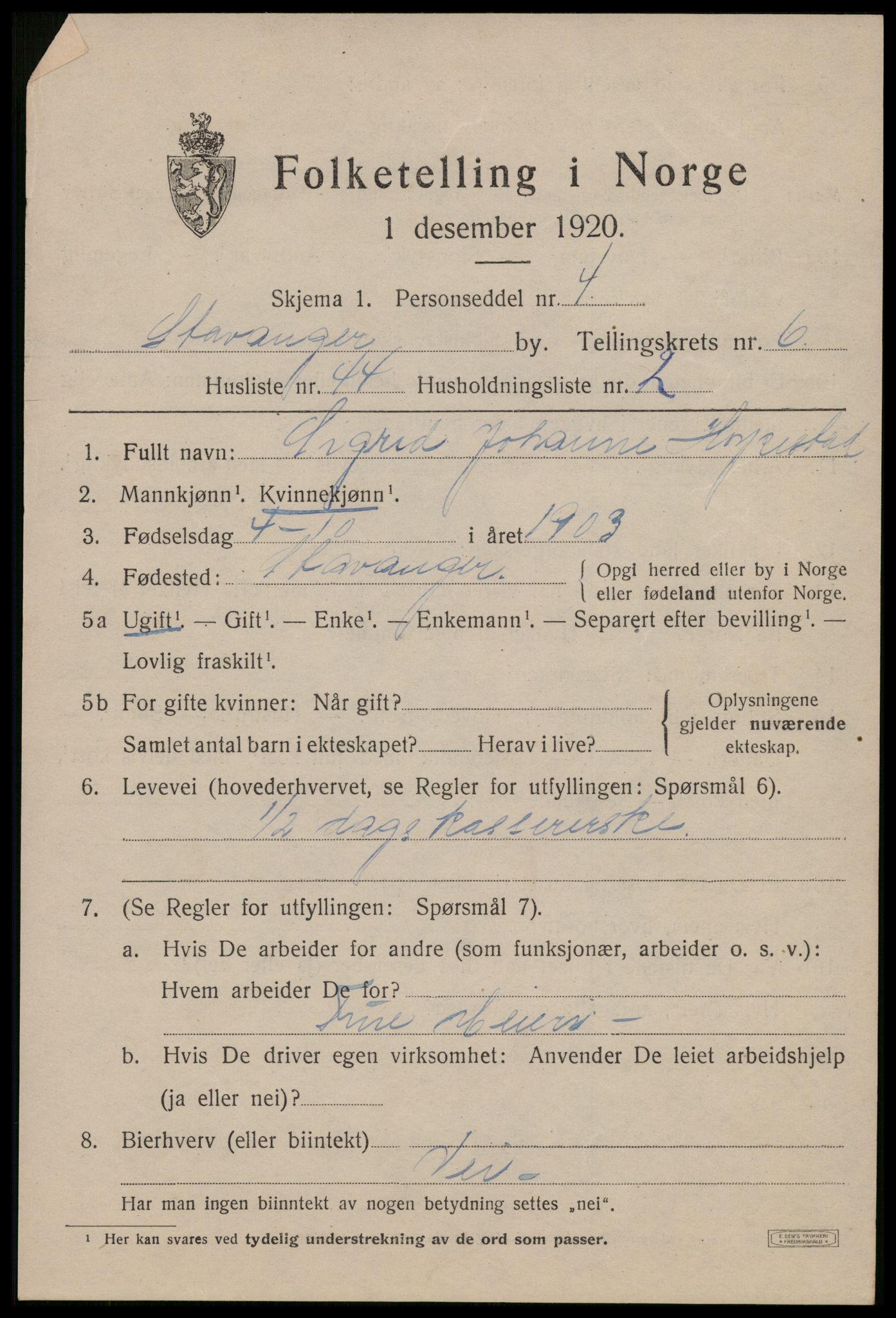 SAST, 1920 census for Stavanger, 1920, p. 43138