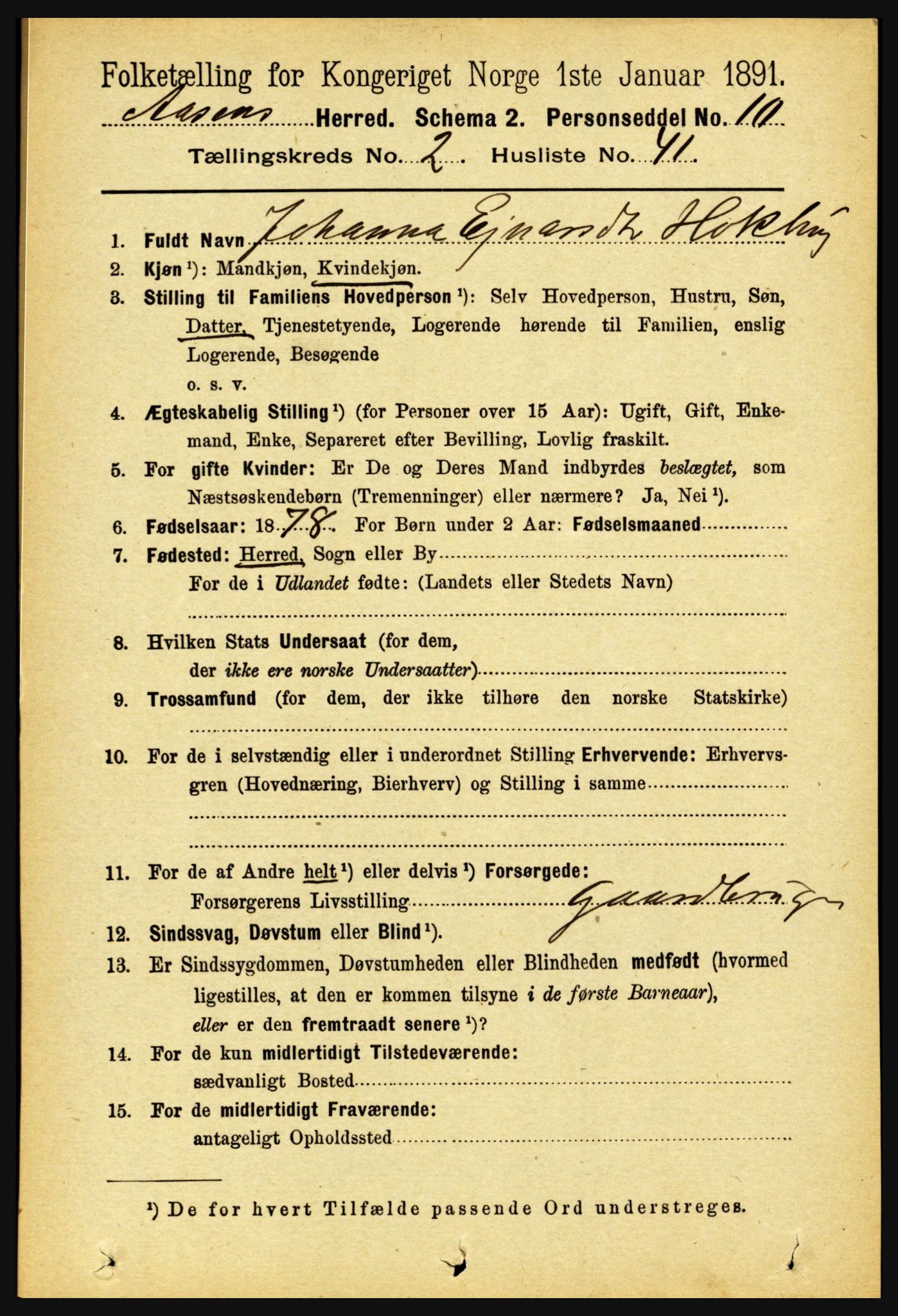 RA, 1891 census for 1716 Åsen, 1891, p. 821