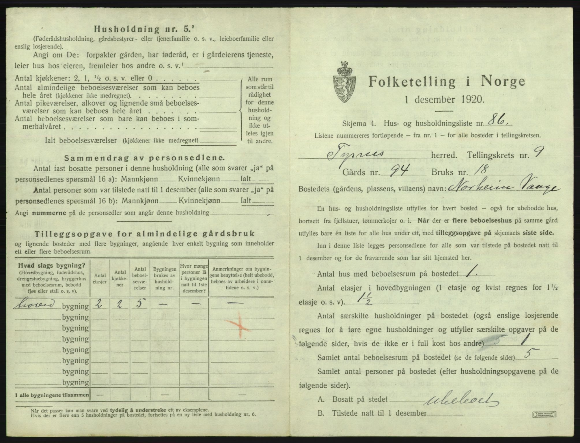 SAB, 1920 census for Tysnes, 1920, p. 984