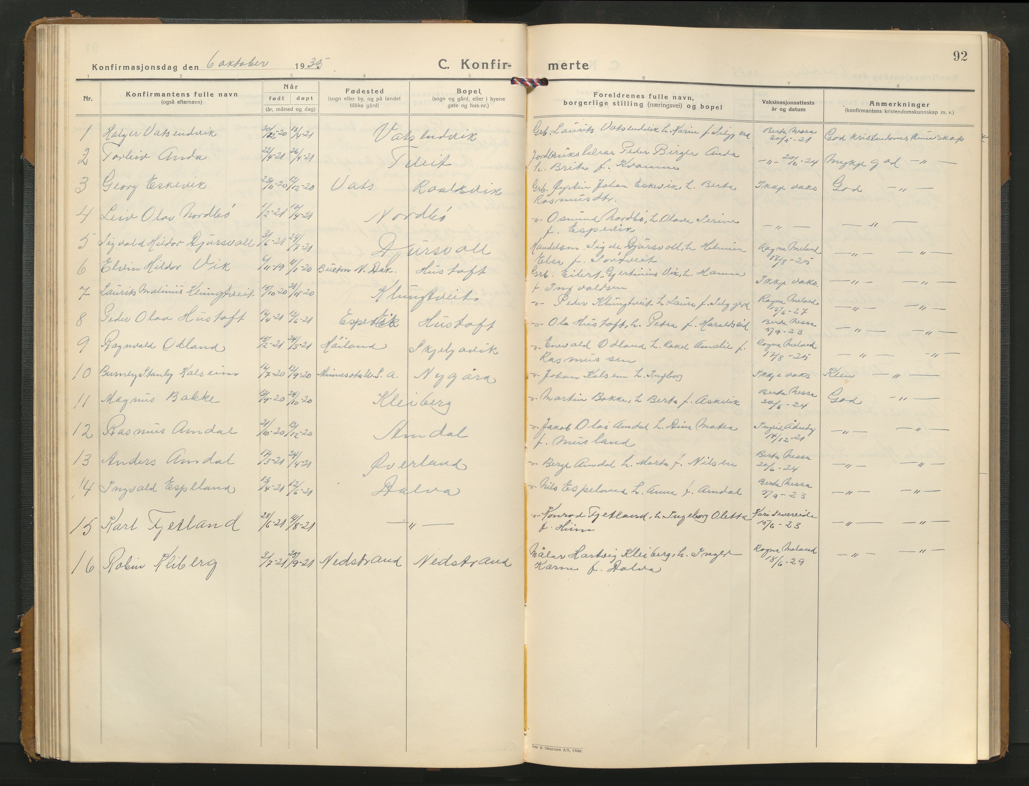 Nedstrand sokneprestkontor, AV/SAST-A-101841/01/V/L0004: Parish register (copy) no. B 4, 1933-1961, p. 92