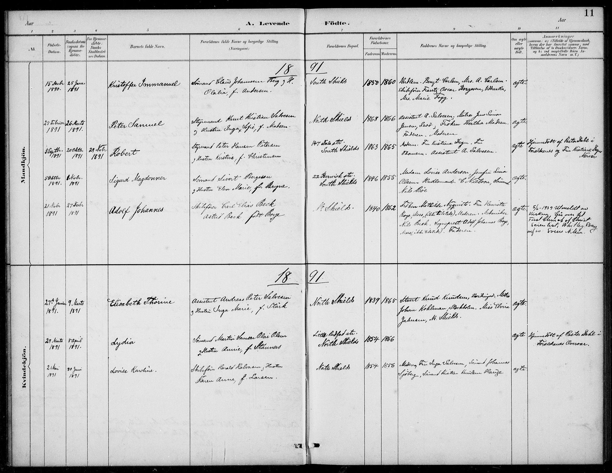 Den norske sjømannsmisjon i utlandet/Tyne-havnene (North Shields og New Castle), SAB/SAB/PA-0101/H/Ha/L0002: Parish register (official) no. A 2, 1883-1938, p. 11