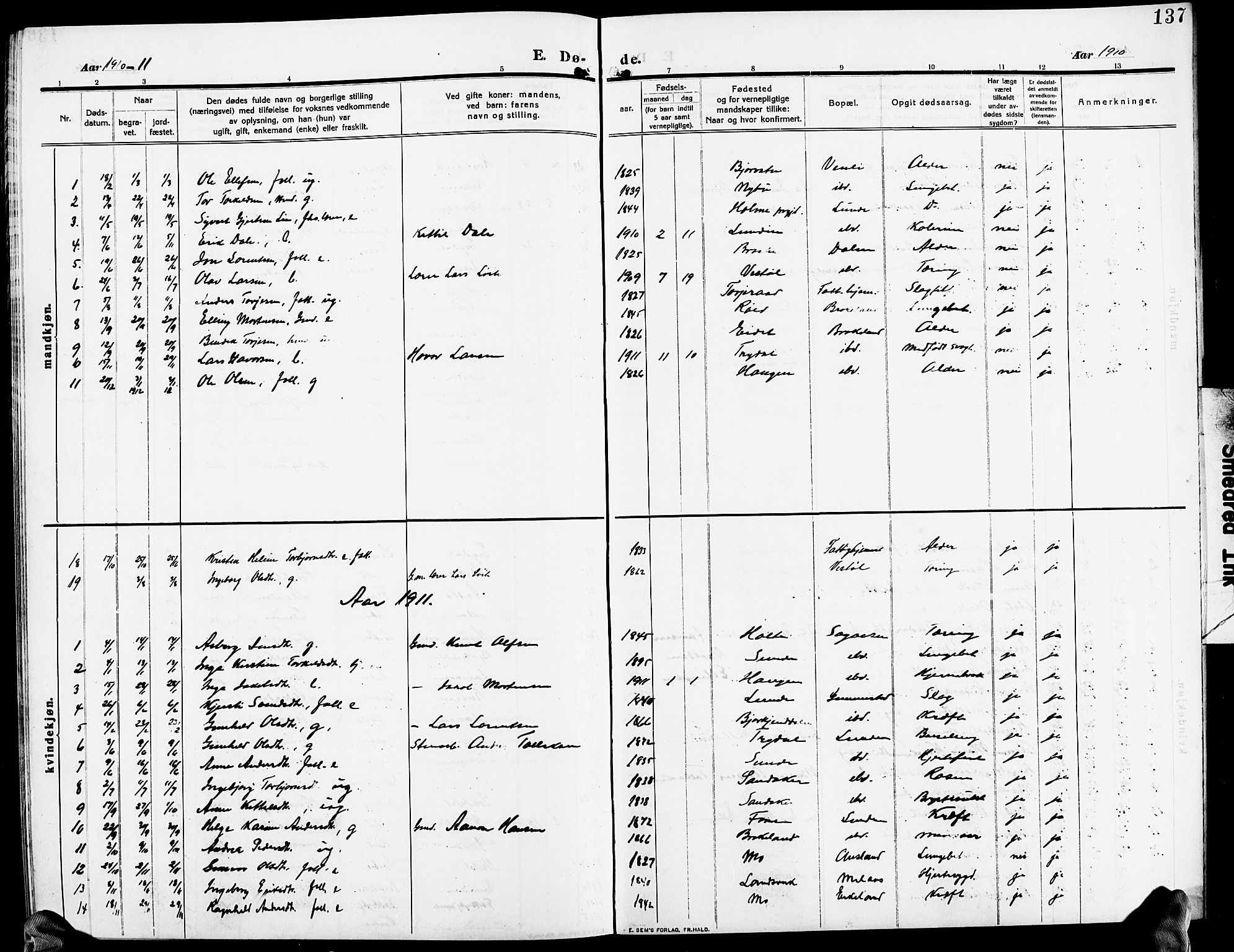 Gjerstad sokneprestkontor, AV/SAK-1111-0014/F/Fb/Fba/L0008: Parish register (copy) no. B 8, 1909-1925, p. 137