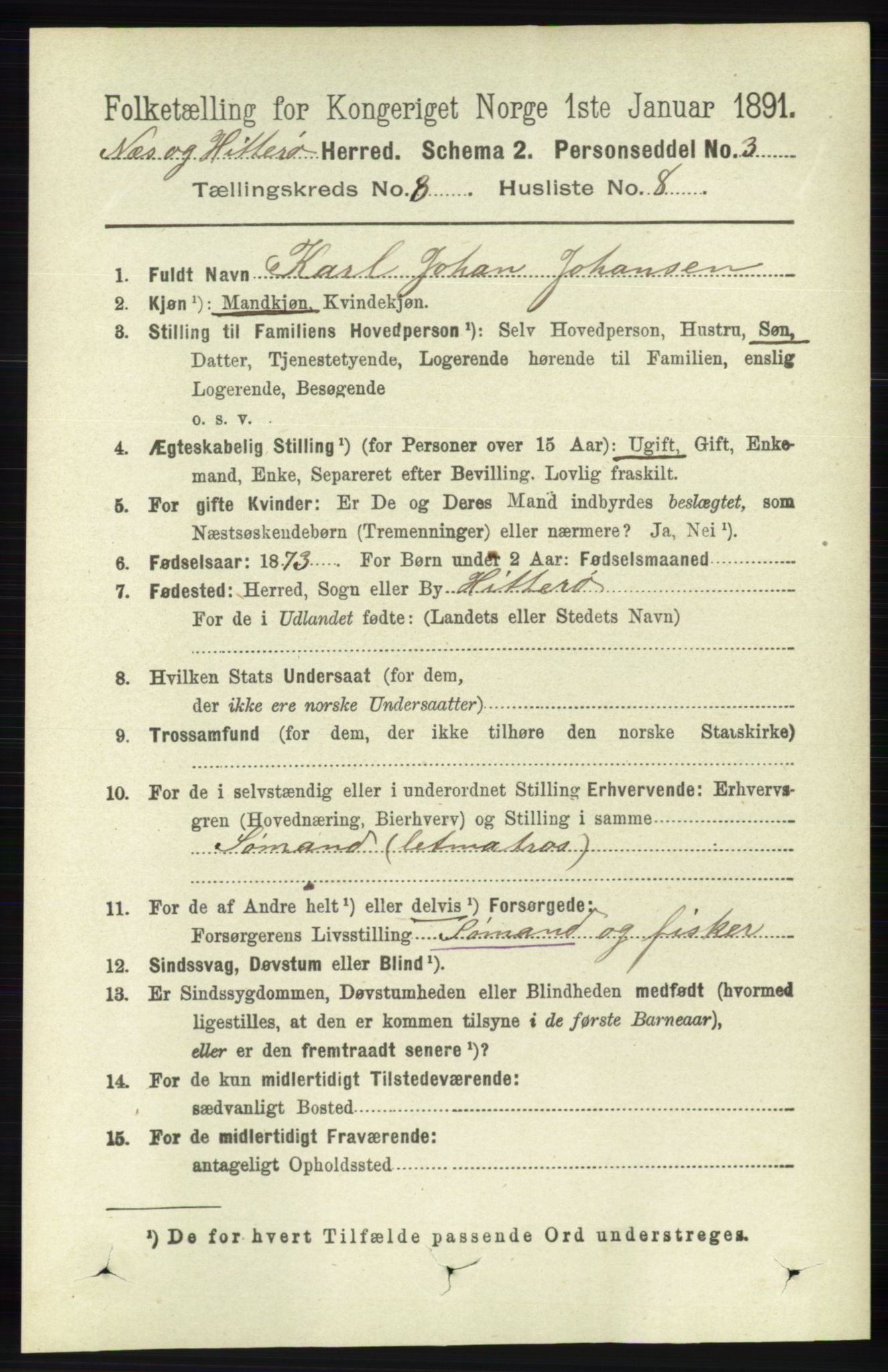 RA, 1891 census for 1043 Hidra og Nes, 1891, p. 3368