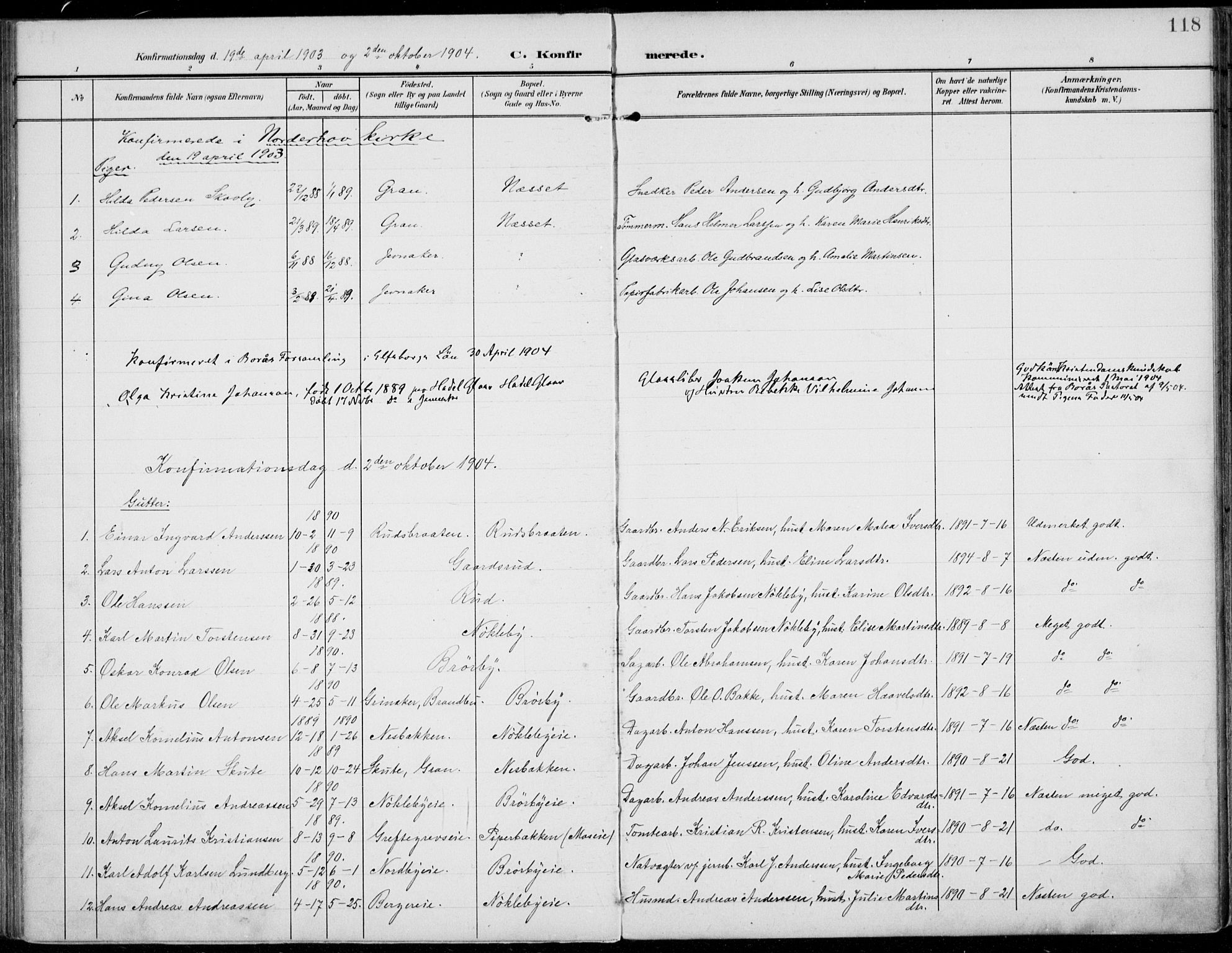 Jevnaker prestekontor, SAH/PREST-116/H/Ha/Haa/L0011: Parish register (official) no. 11, 1902-1913, p. 118