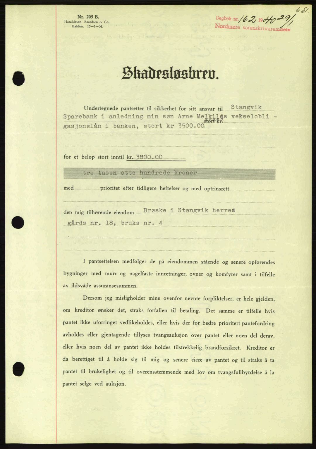 Nordmøre sorenskriveri, AV/SAT-A-4132/1/2/2Ca: Mortgage book no. B86, 1939-1940, Diary no: : 162/1940