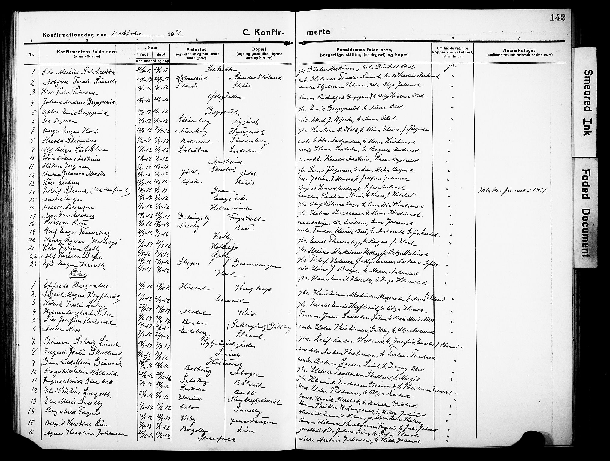 Høland prestekontor Kirkebøker, SAO/A-10346a/G/Gb/L0002: Parish register (copy) no. II 2, 1915-1933, p. 142