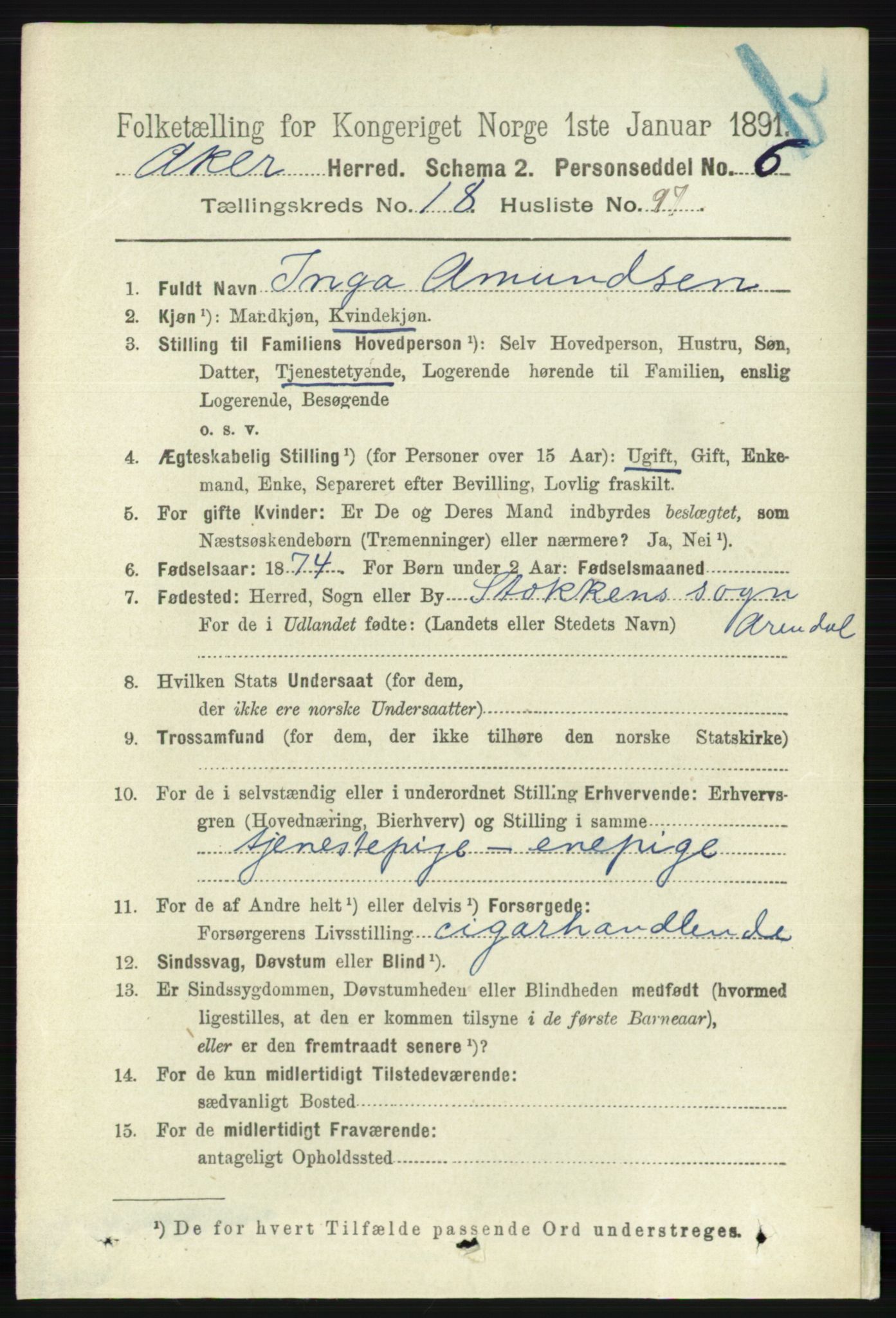 RA, 1891 census for 0218 Aker, 1891, p. 17739