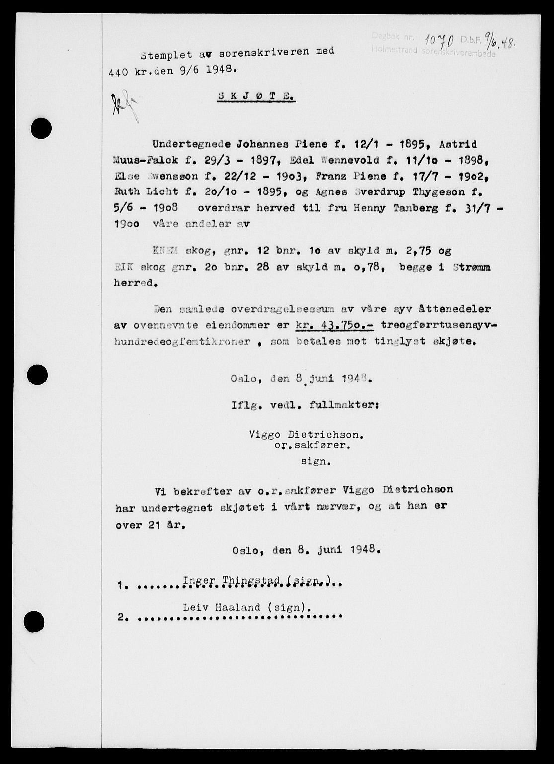 Holmestrand sorenskriveri, AV/SAKO-A-67/G/Ga/Gaa/L0064: Mortgage book no. A-64, 1948-1948, Diary no: : 1070/1948