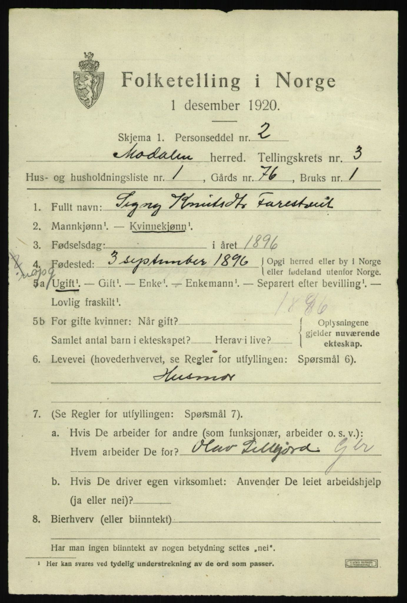 SAB, 1920 census for Modalen, 1920, p. 532