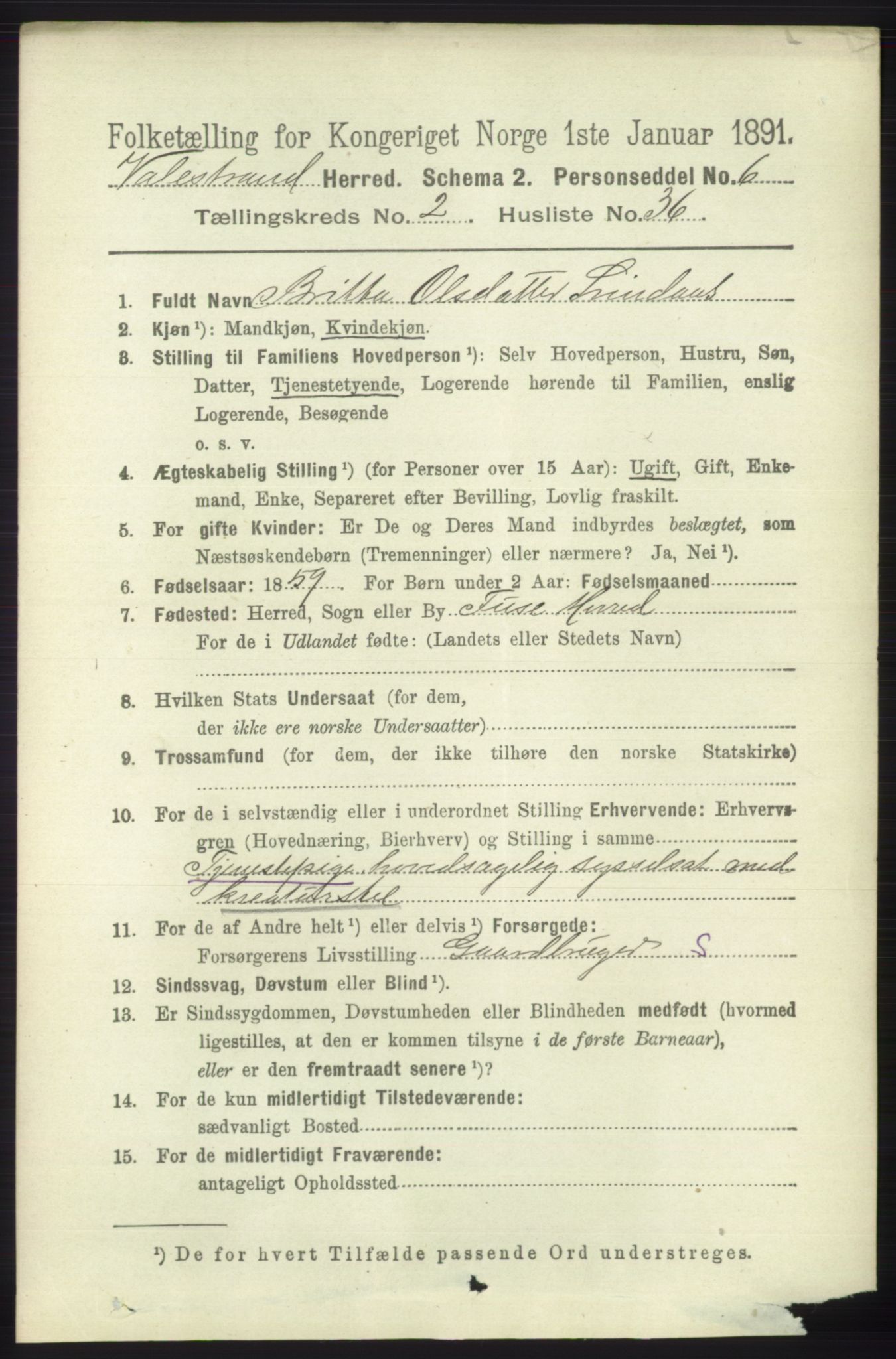 RA, 1891 census for 1217 Valestrand, 1891, p. 488