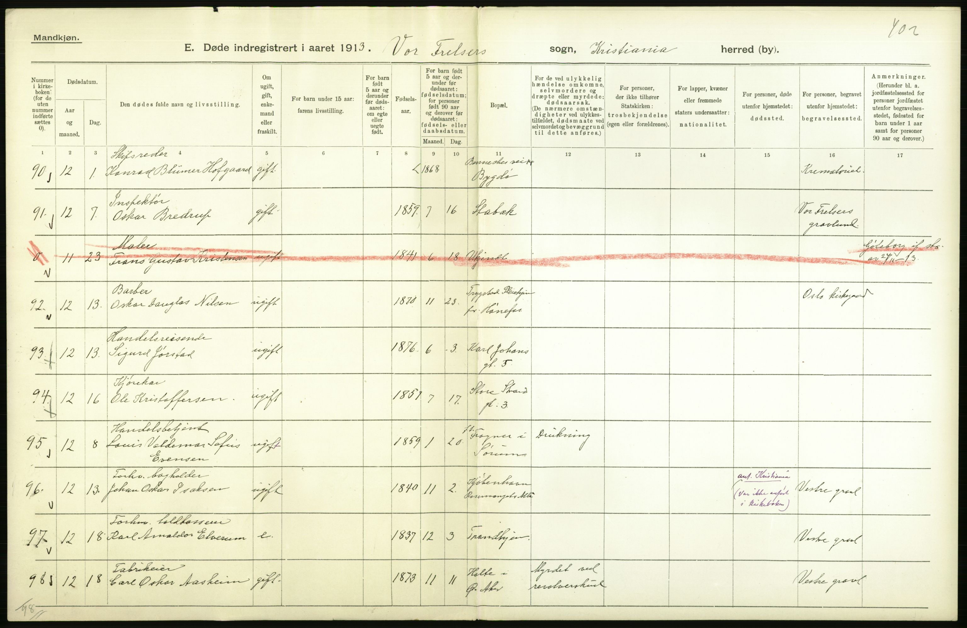 Statistisk sentralbyrå, Sosiodemografiske emner, Befolkning, RA/S-2228/D/Df/Dfb/Dfbc/L0009: Kristiania: Døde., 1913, p. 278