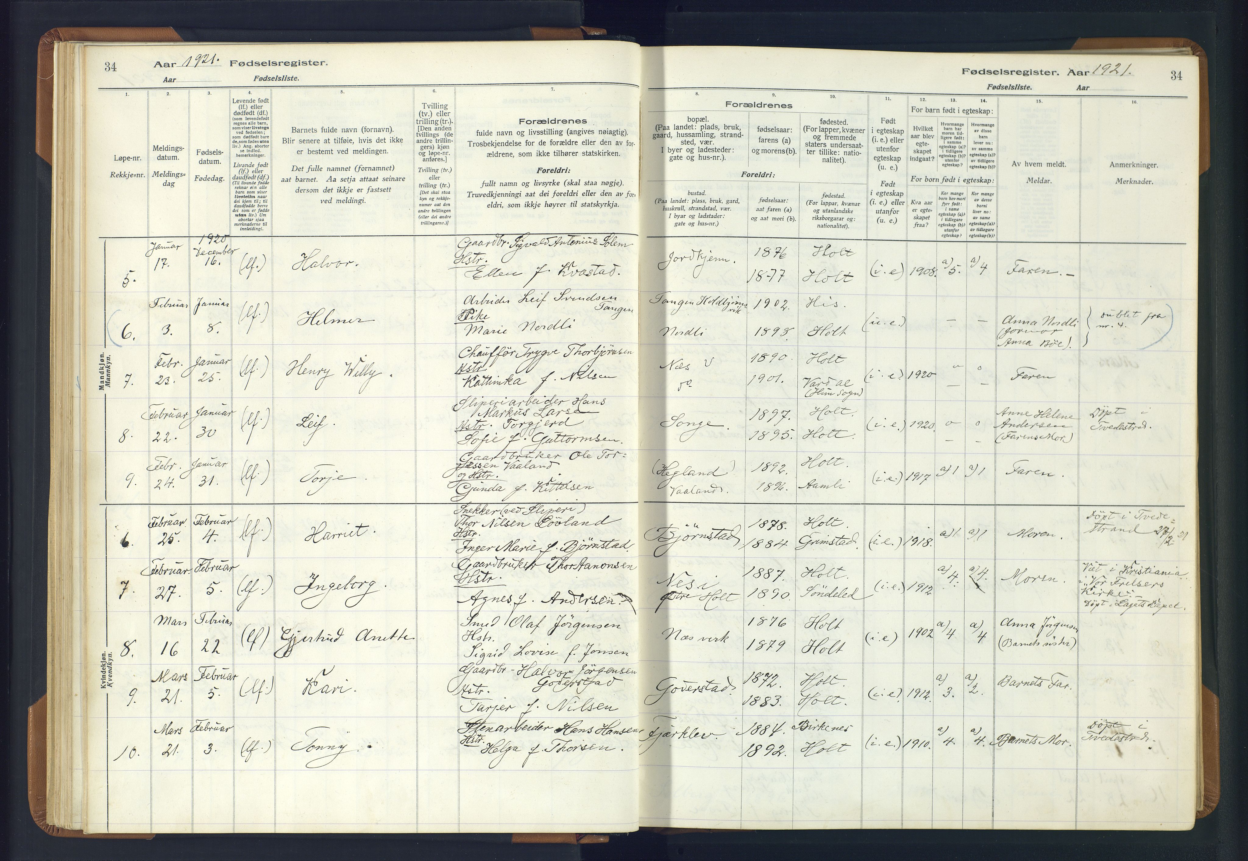 Holt sokneprestkontor, AV/SAK-1111-0021/J/Ja/L0001: Birth register no. II.4.1, 1916-1946, p. 34