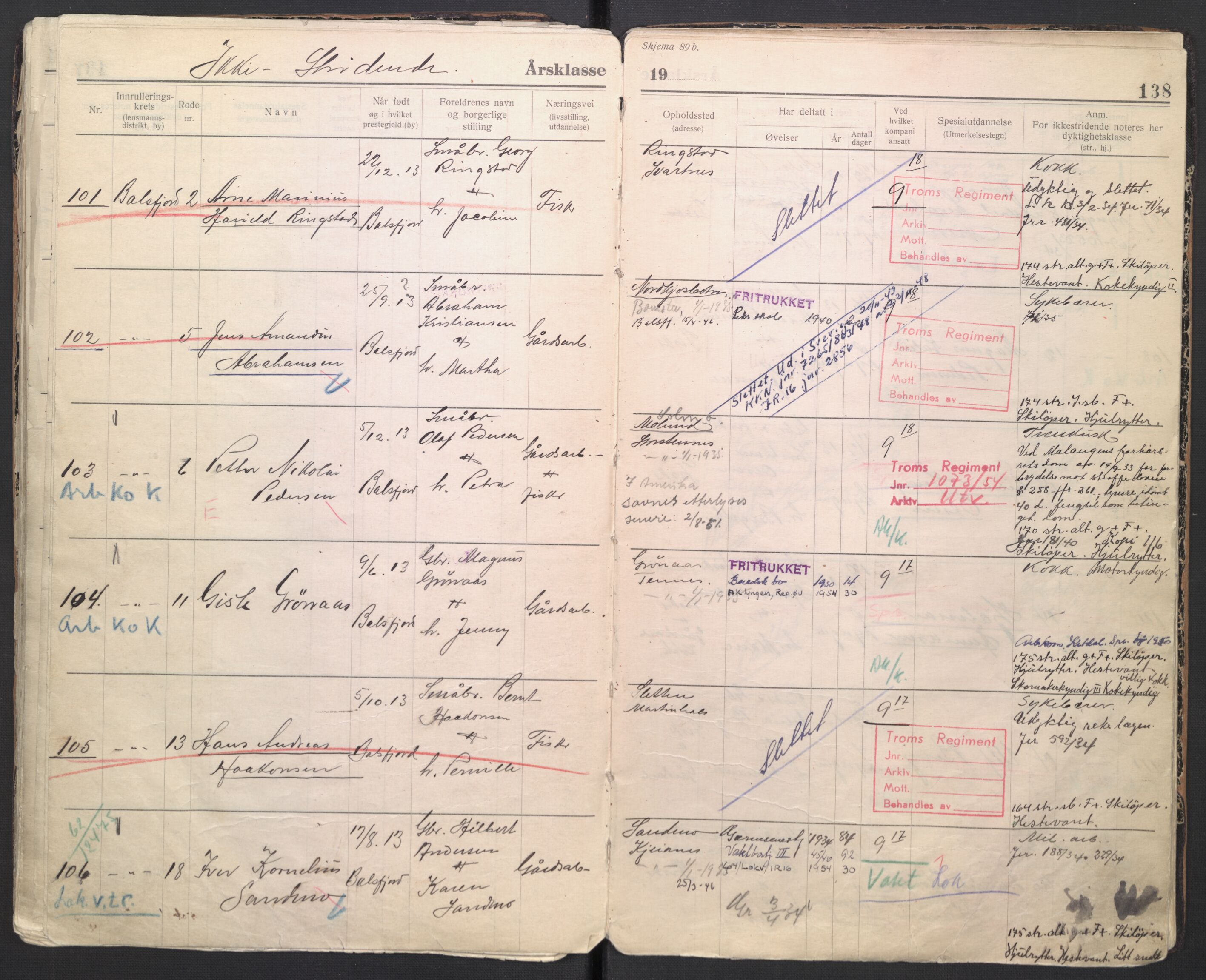 Forsvaret, Troms infanteriregiment nr. 16, AV/RA-RAFA-3146/P/Pa/L0006/0007: Ruller / Rulle for regimentets menige mannskaper, årsklasse 1934, 1934, p. 138