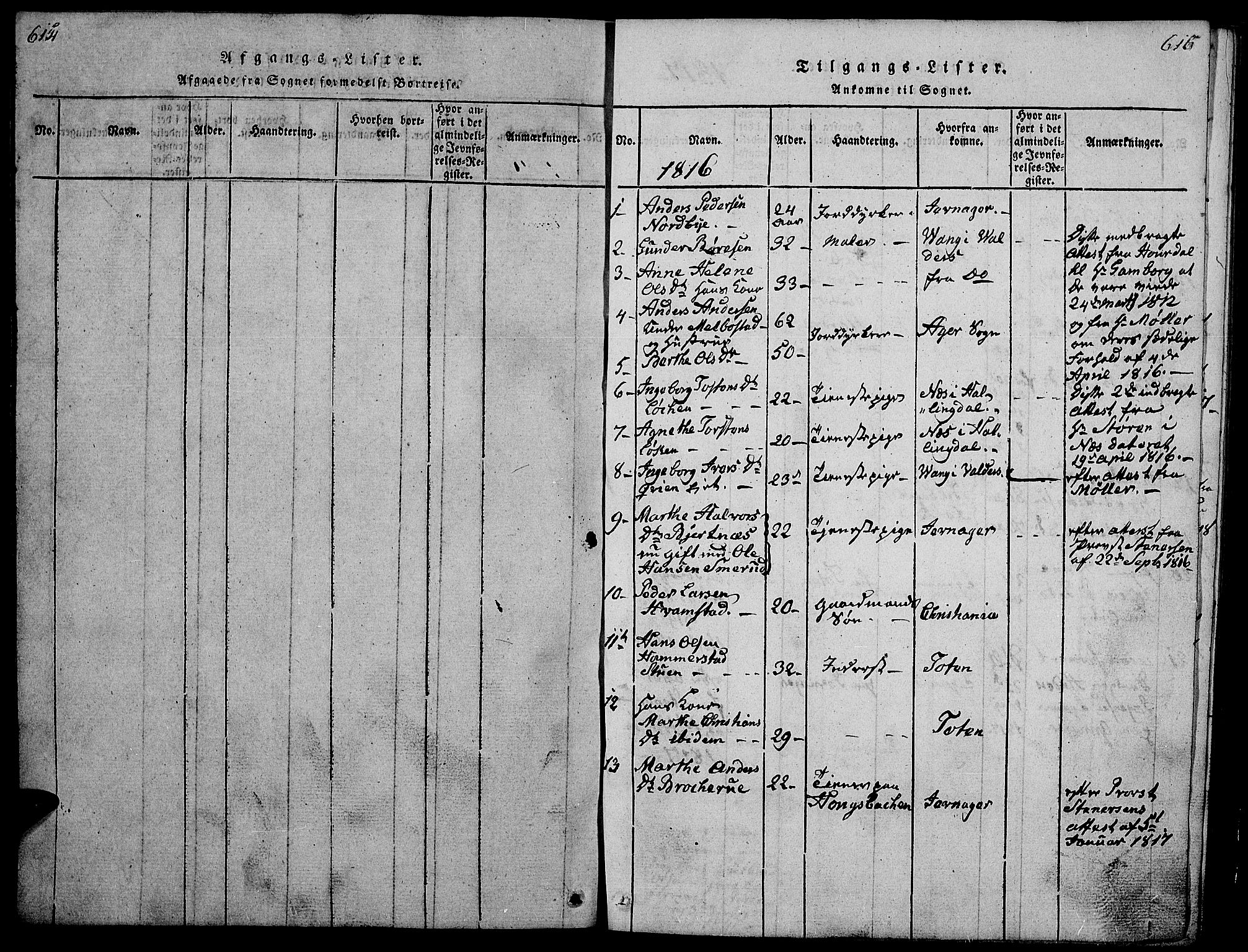 Gran prestekontor, SAH/PREST-112/H/Ha/Hab/L0001: Parish register (copy) no. 1, 1815-1824, p. 614-615