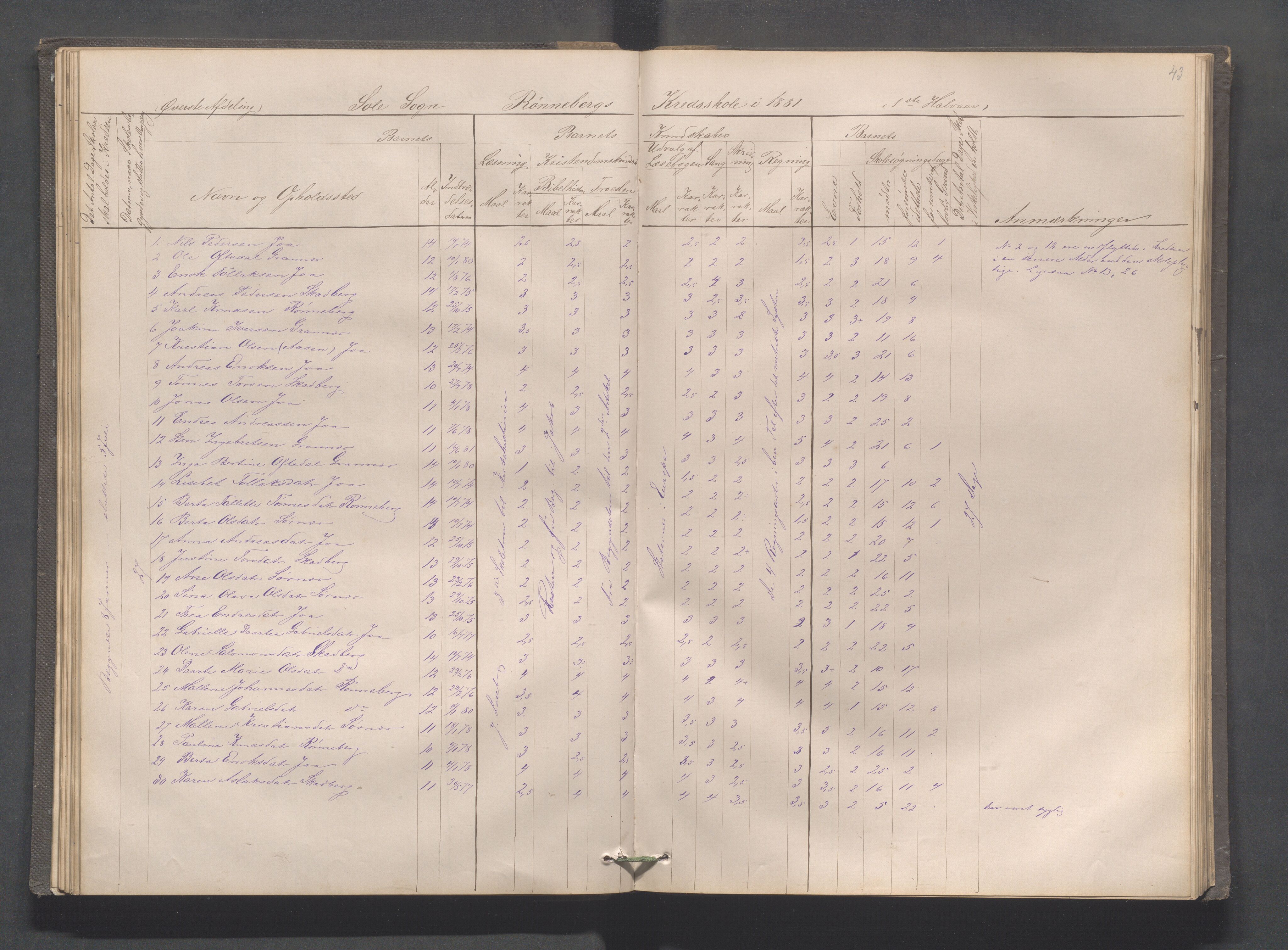 Håland kommune - Røyneberg skole, IKAR/A-1227/H/L0001: Skoleprotokoll - Røyneberg, Stangeland, 1871-1886, p. 43